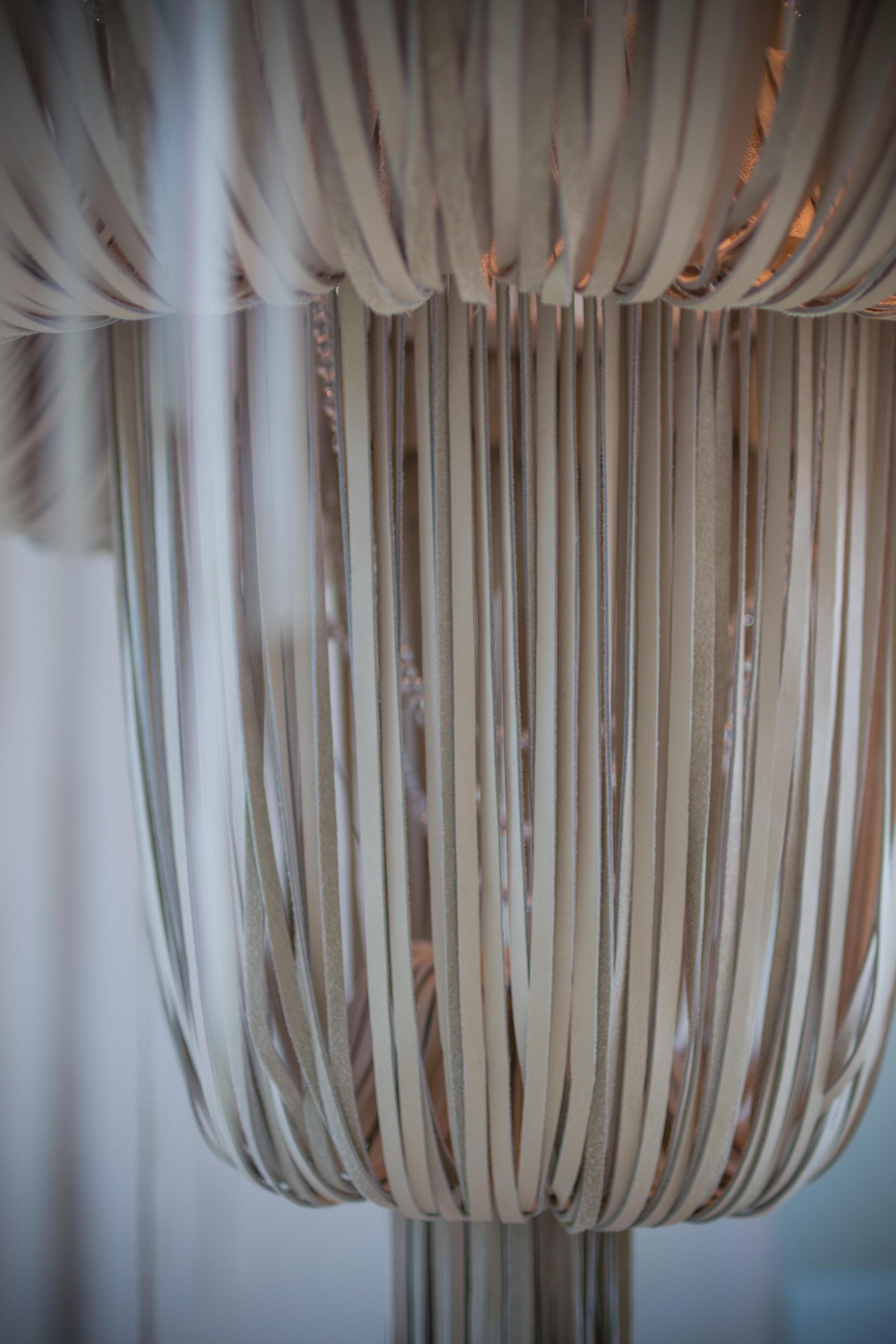 Large Round Double-Ball Urchin Leather Chandelier in Cream-Stone Leather