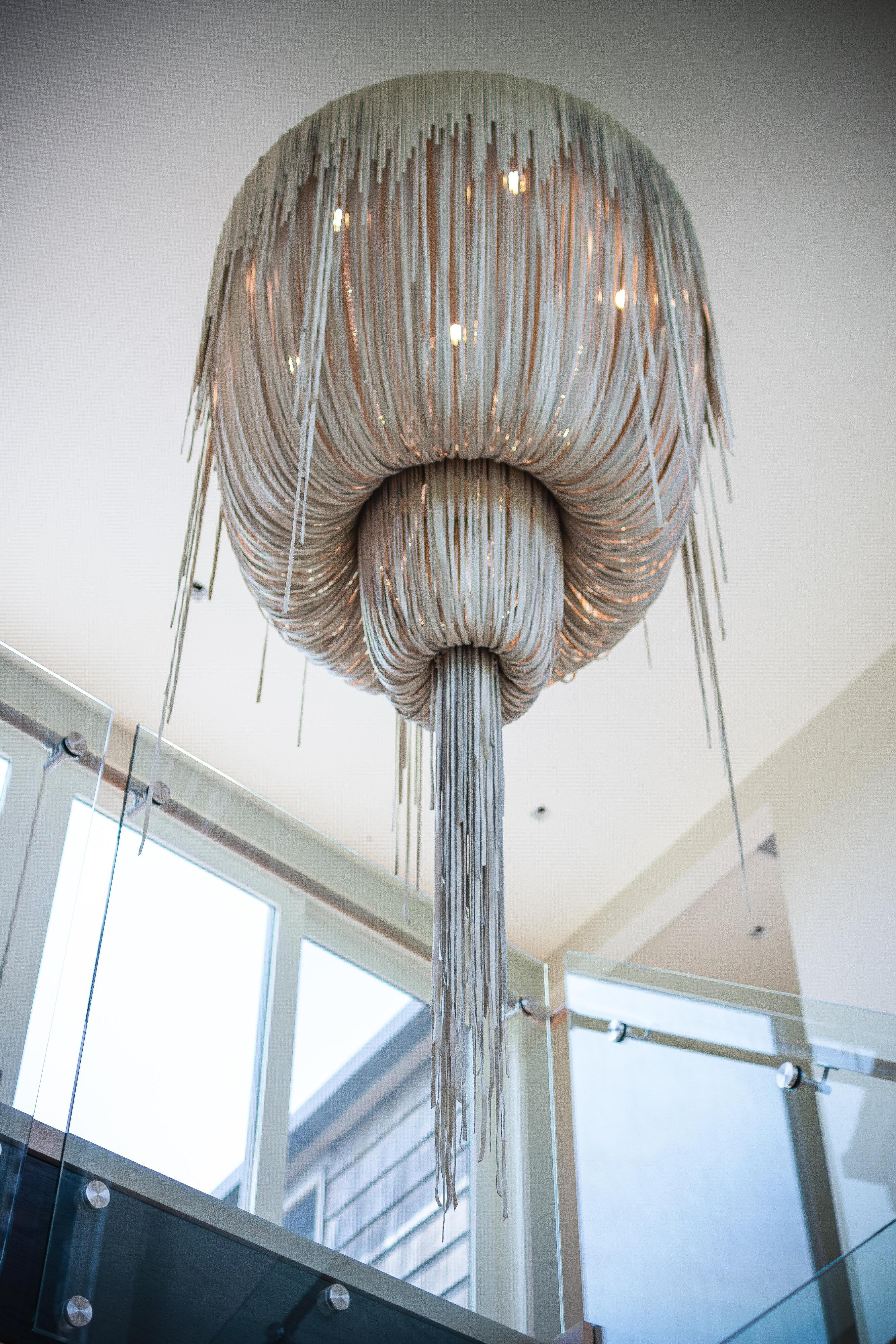 Large Round Double-Ball Urchin Leather Chandelier in Cream-Stone Leather