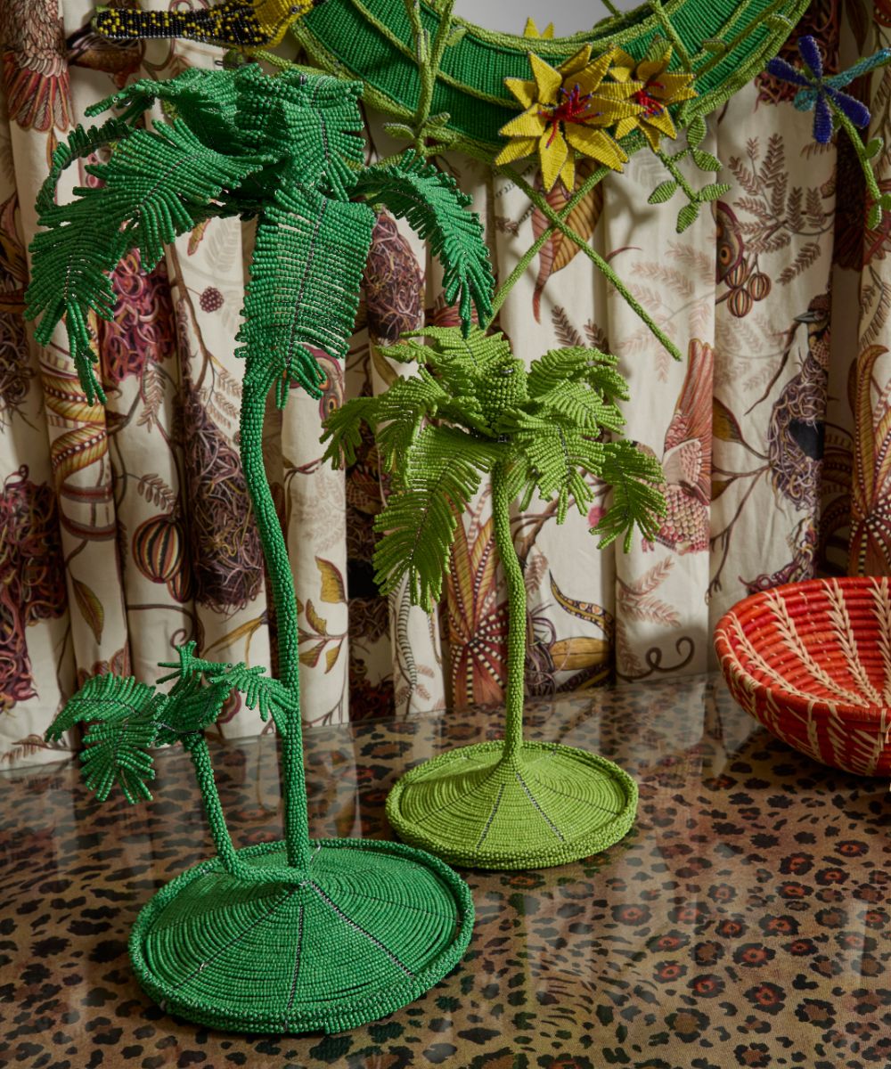 Desert Palm Tree Beaded Candlestick - Jade Green