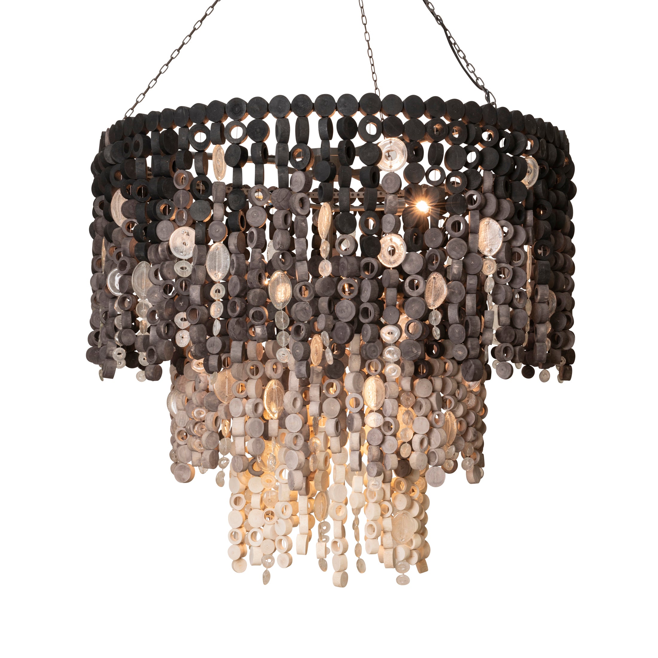 Extra Large Round Wood Disc Chandelier in Ombre Finish with Recycled Glass