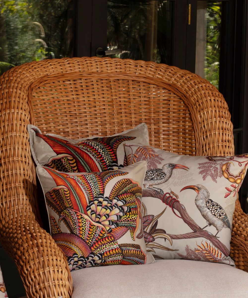 Hornbill Garden Velvet Pillow - Stone
