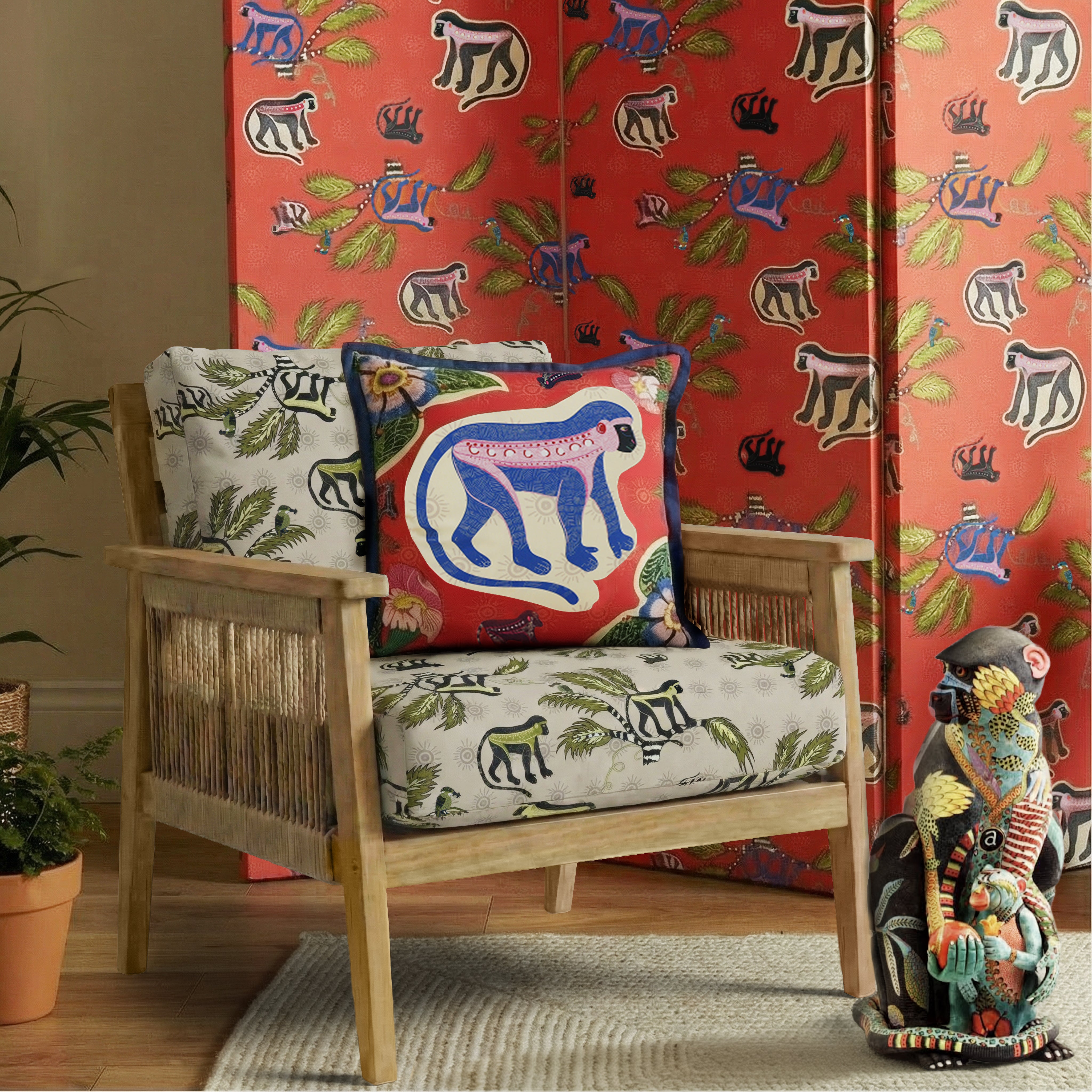 Meandering Monkey Cotton Pillow - Sunset