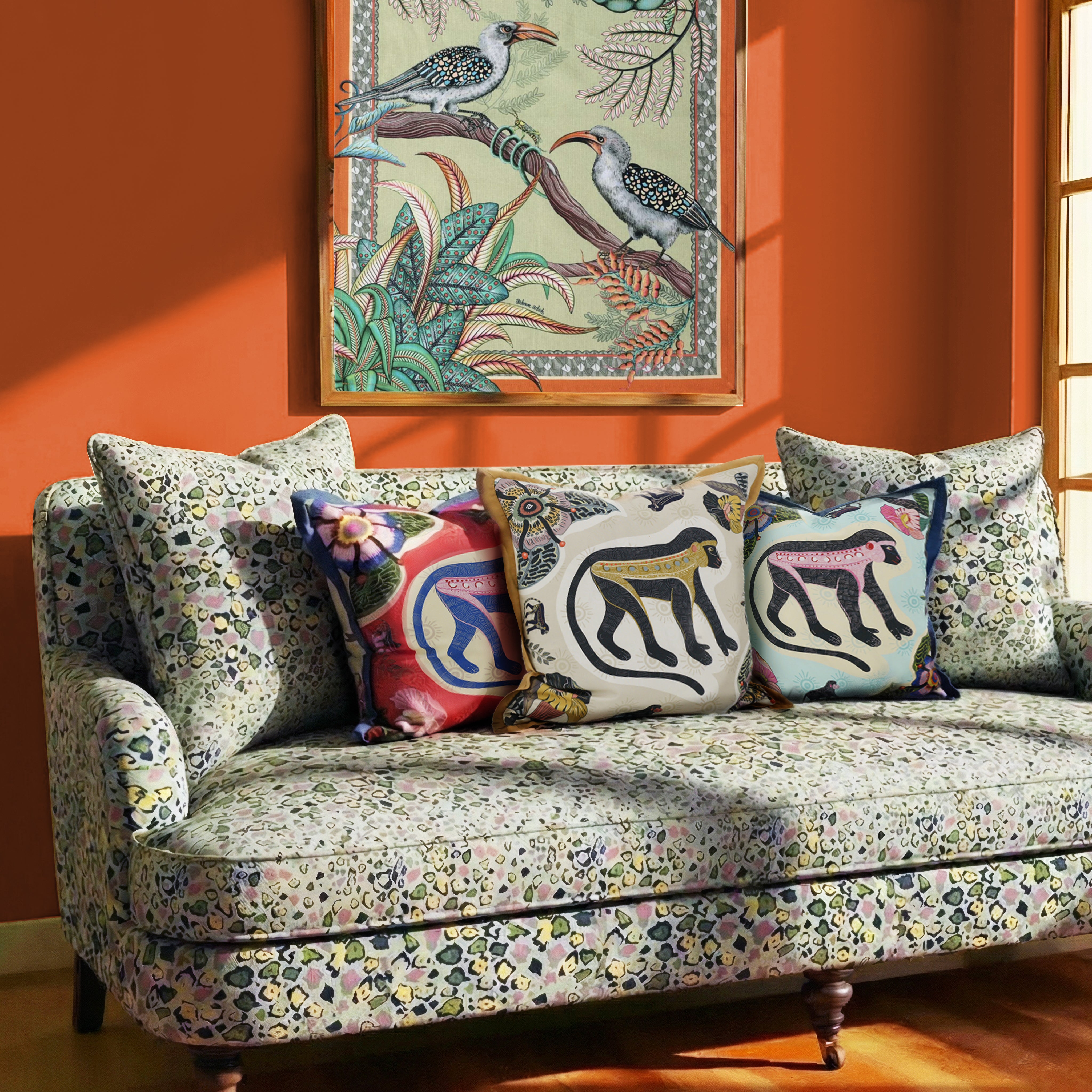 Meandering Monkey Cotton Pillow - Sunset