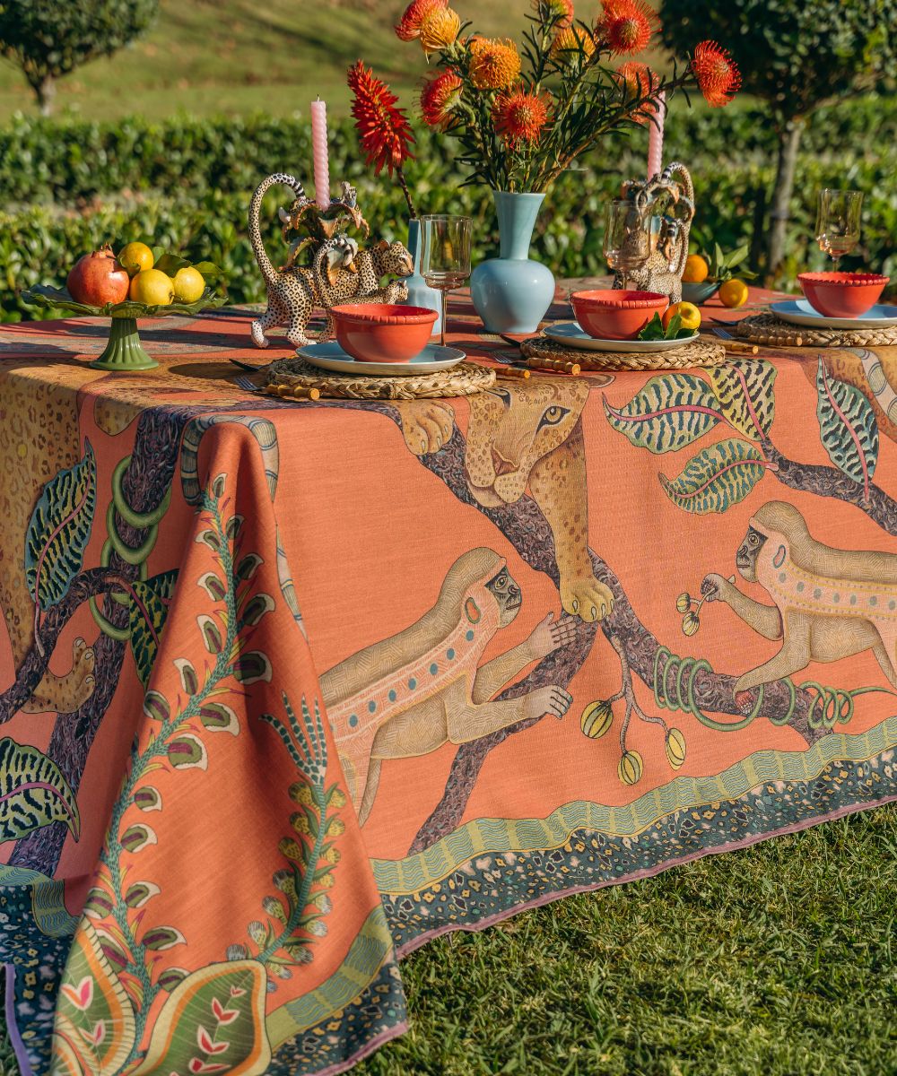 Monkey Tales Linaza Tablecloth - Coral