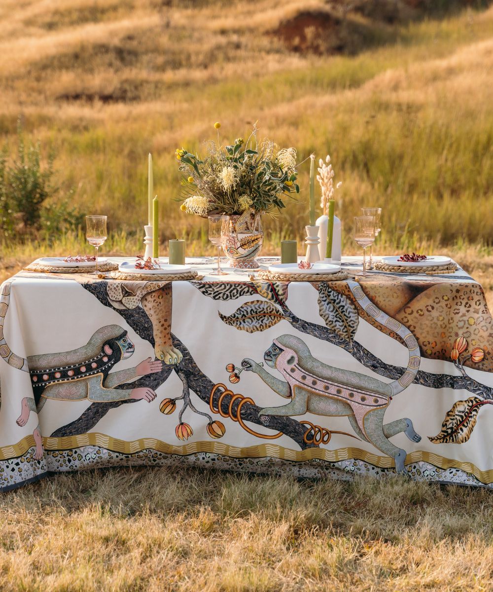 Monkey Tales Cotton Tablecloth - Stone