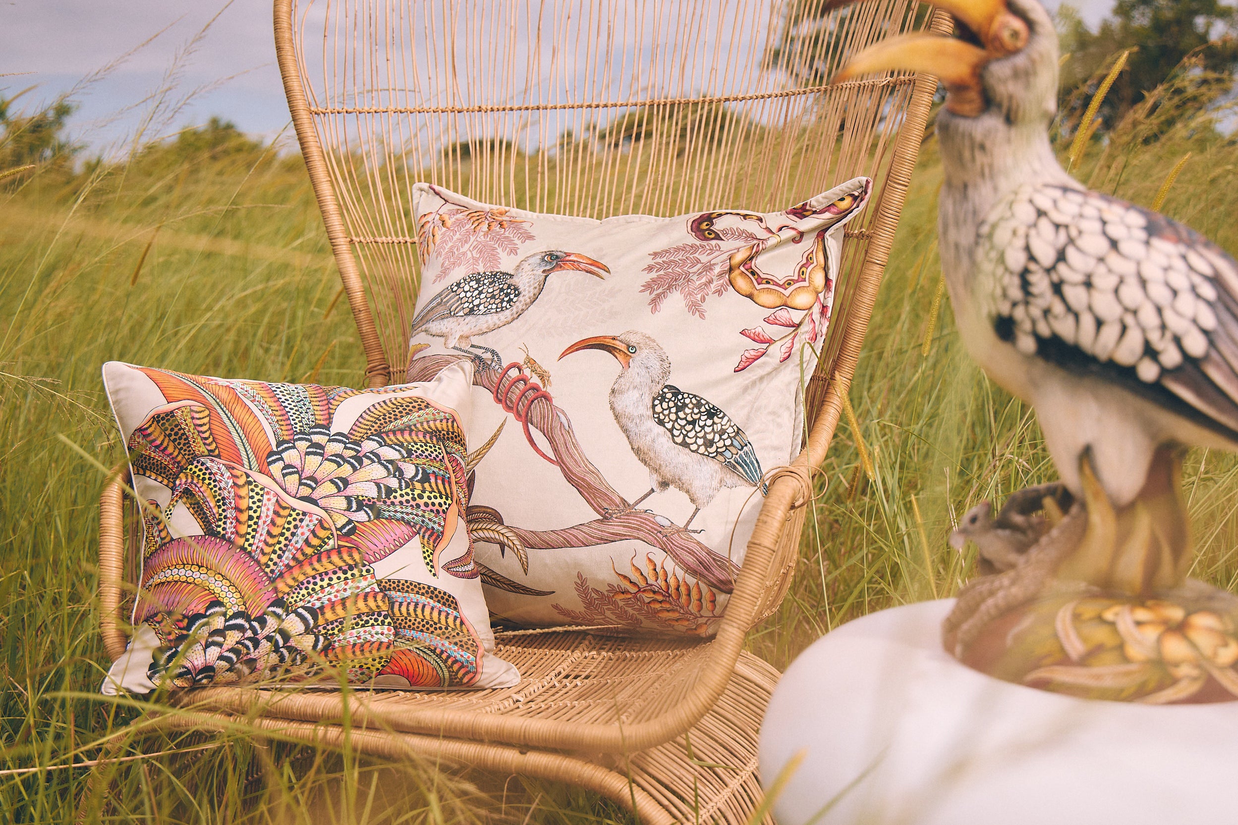 Hornbill Garden Velvet Pillow - Stone