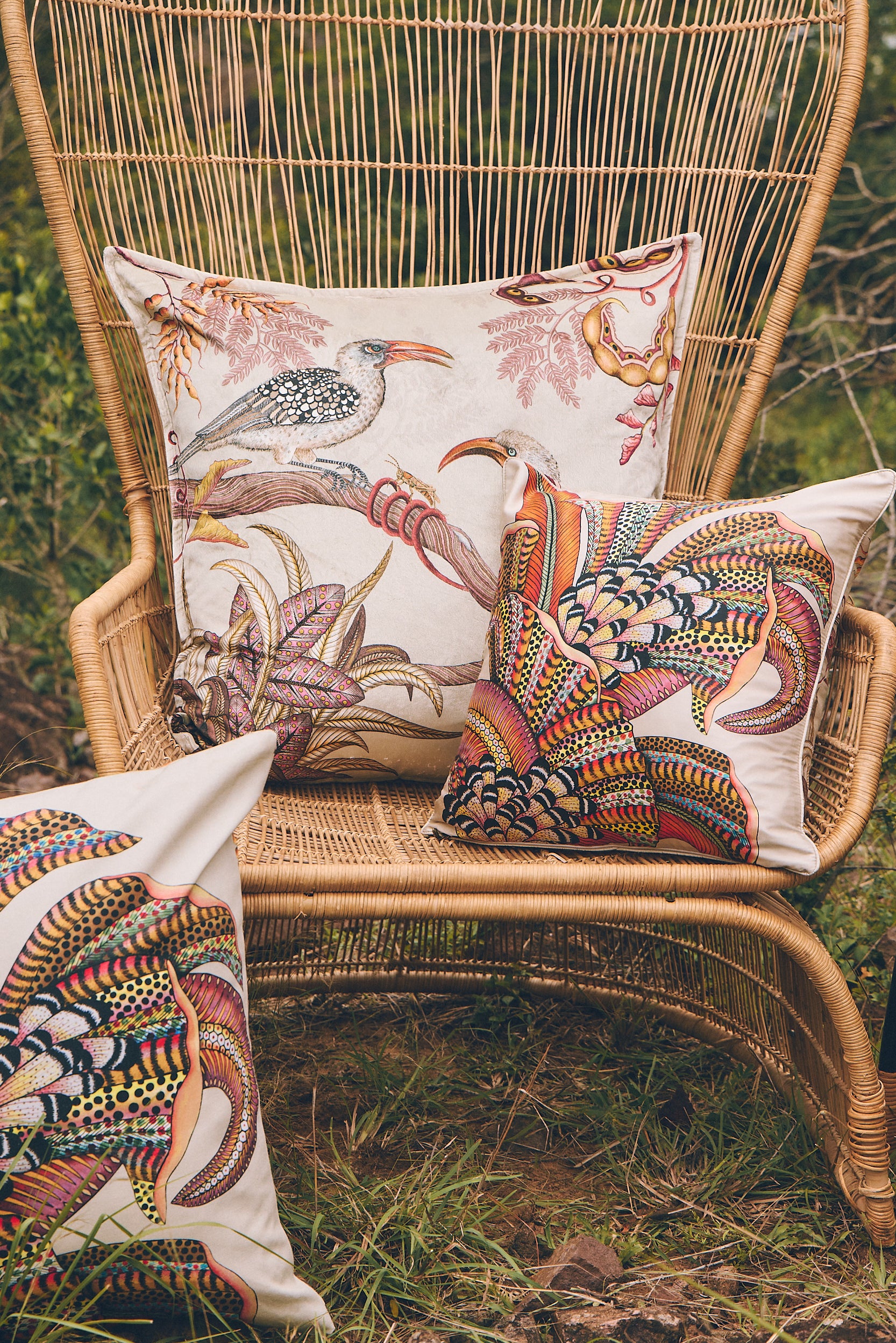 Hornbill Garden Velvet Pillow - Stone