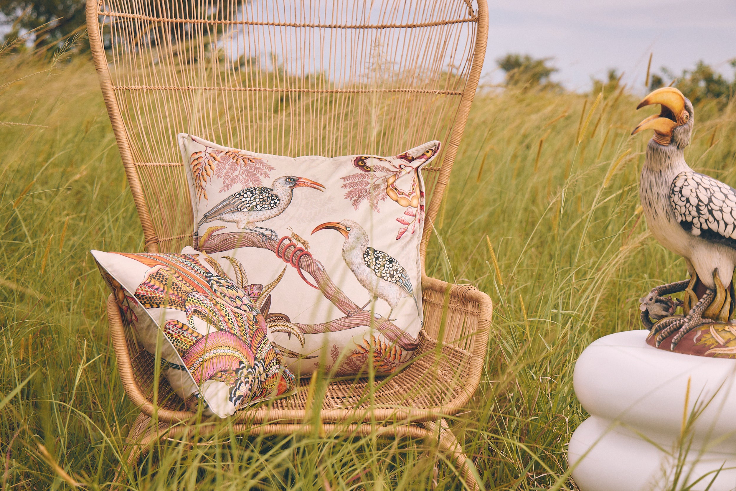 Hornbill Garden Velvet Pillow - Stone