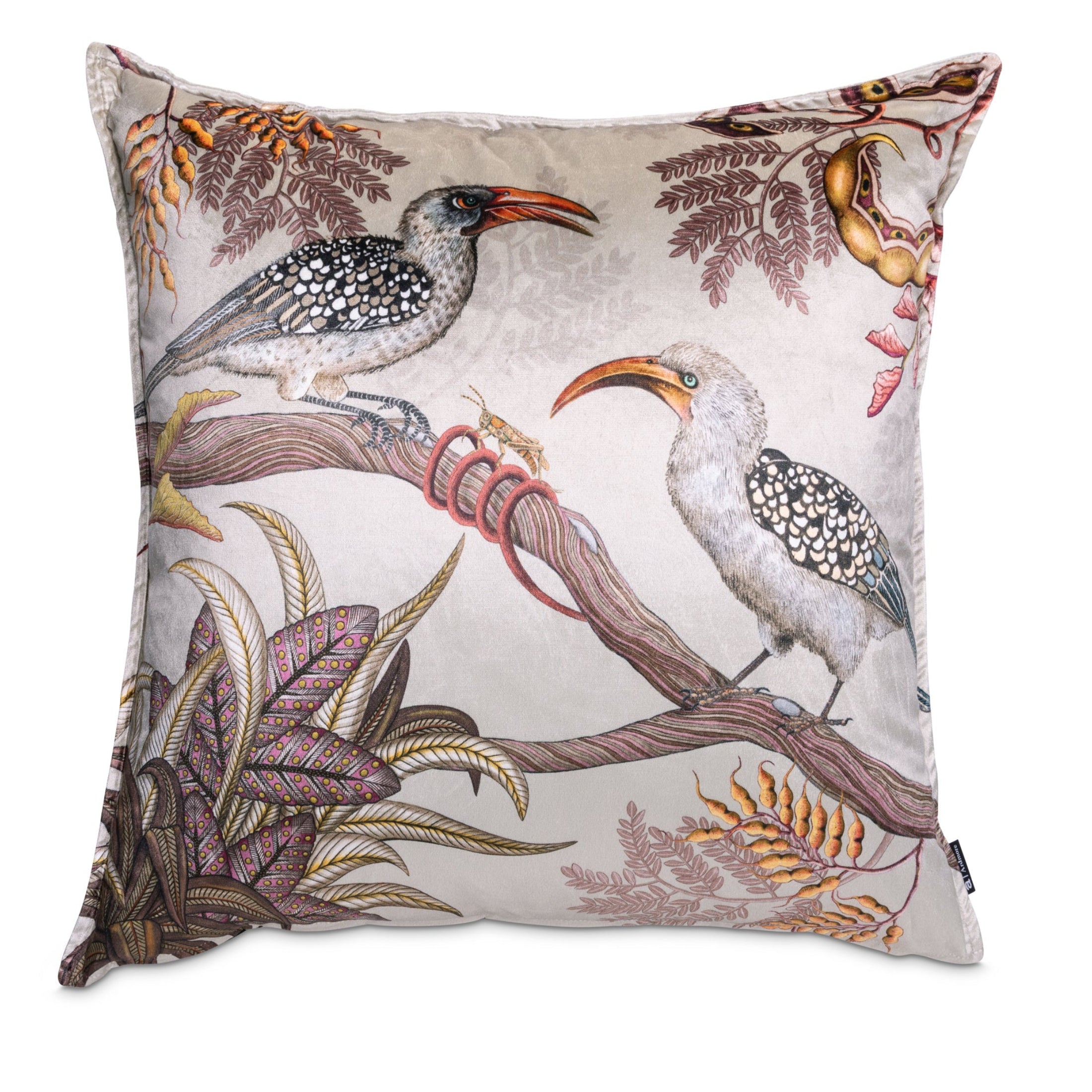 Hornbill Garden Velvet Pillow - Stone