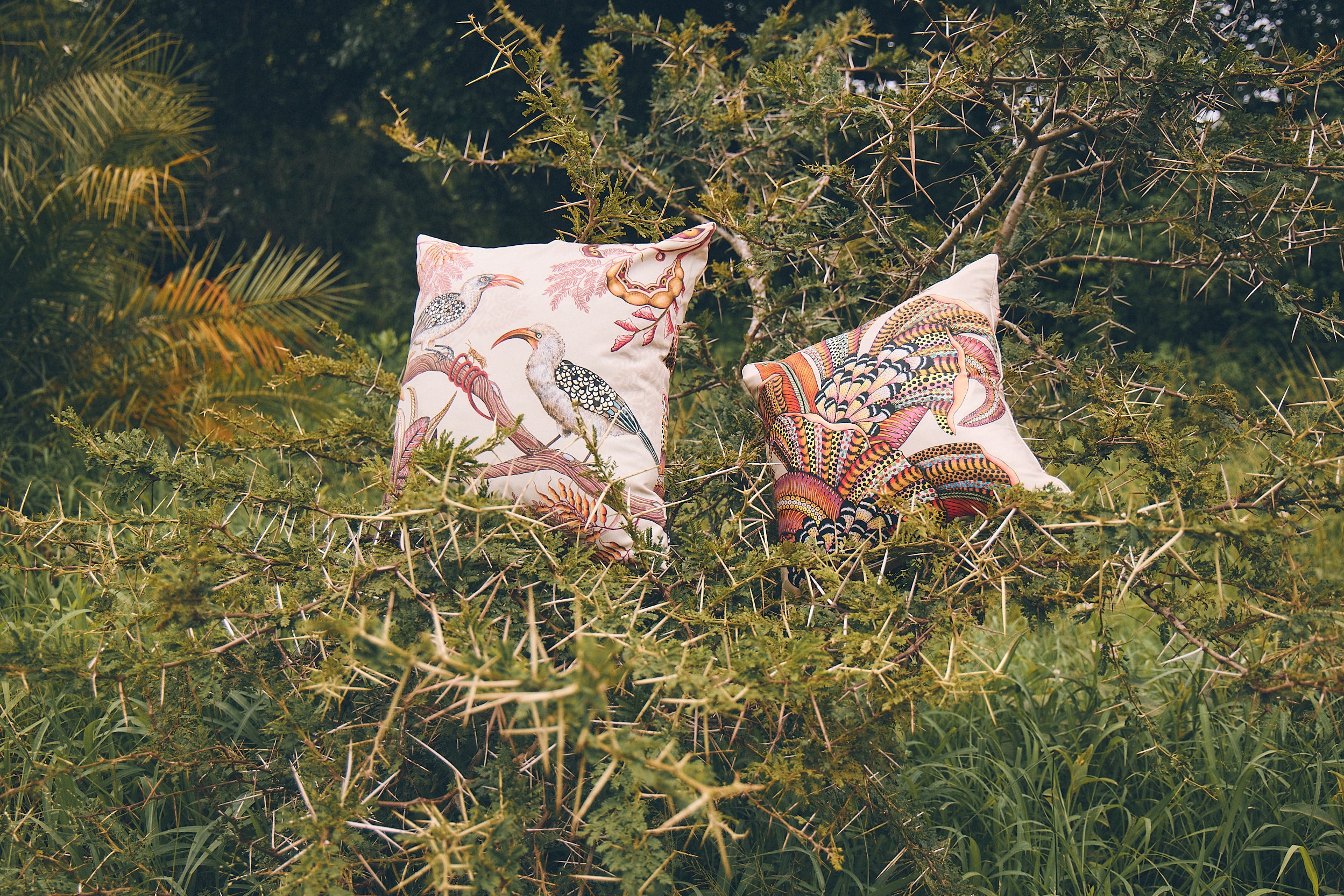 Hornbill Garden Cotton Pillow - Stone