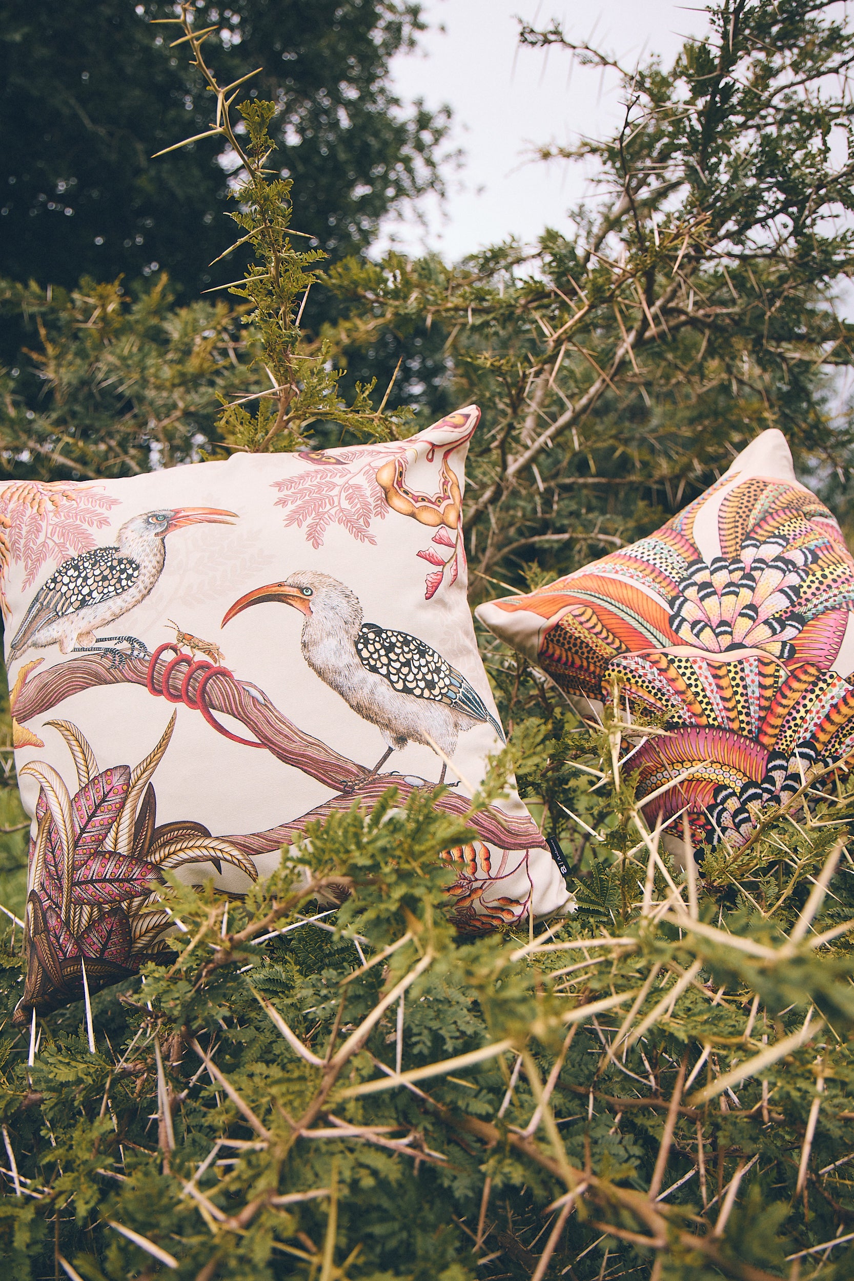 Hornbill Garden Cotton Pillow - Stone