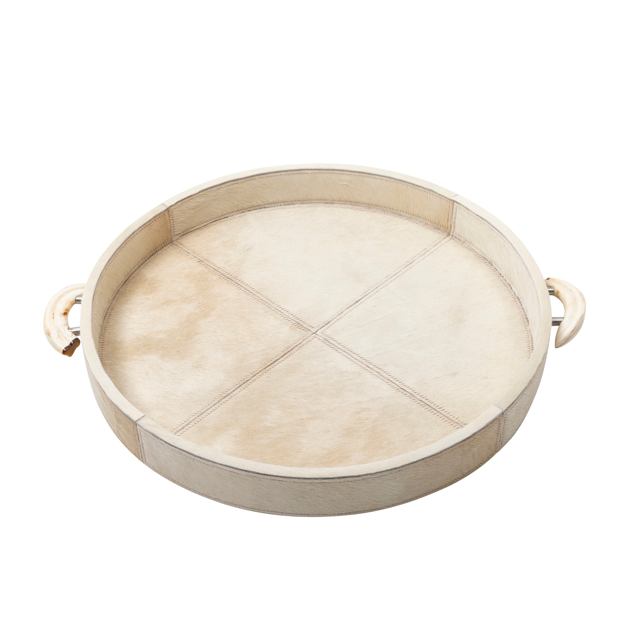 Cream Cow Hide Round Tray / Warthog Tusk Handles