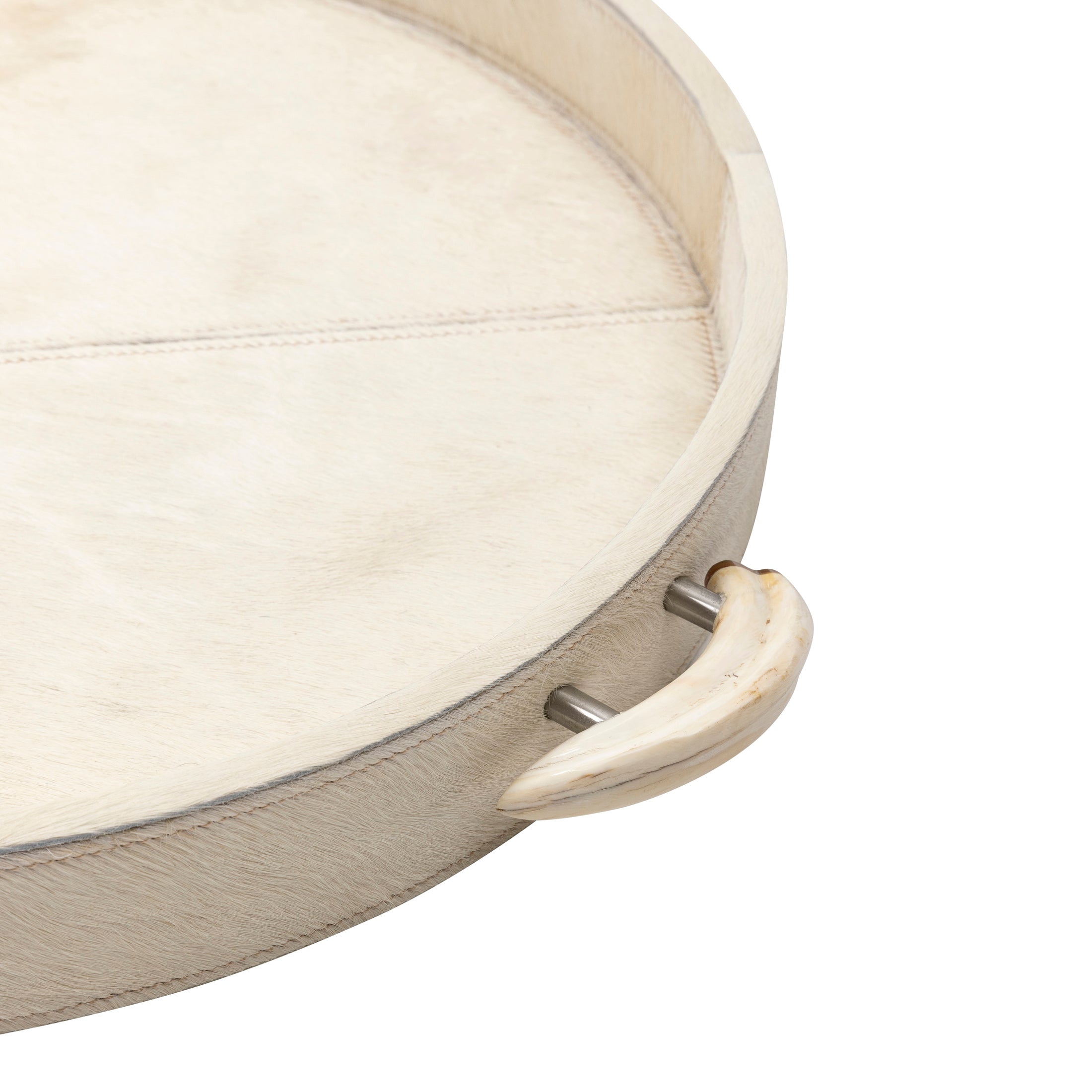Cream Cow Hide Round Tray / Warthog Tusk Handles