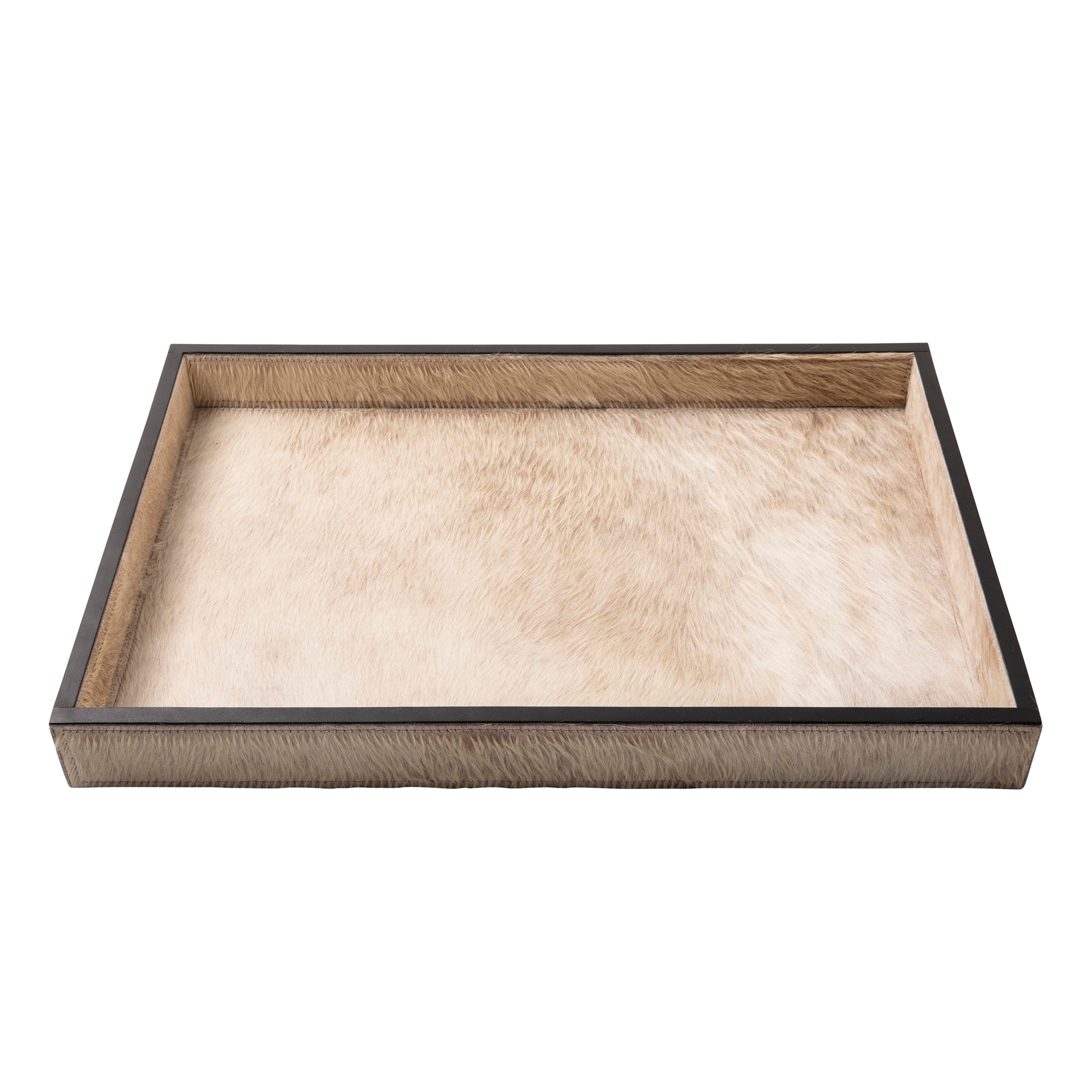 Cream Cow Hide Rectangle Tray with Black Leather Trim - Large