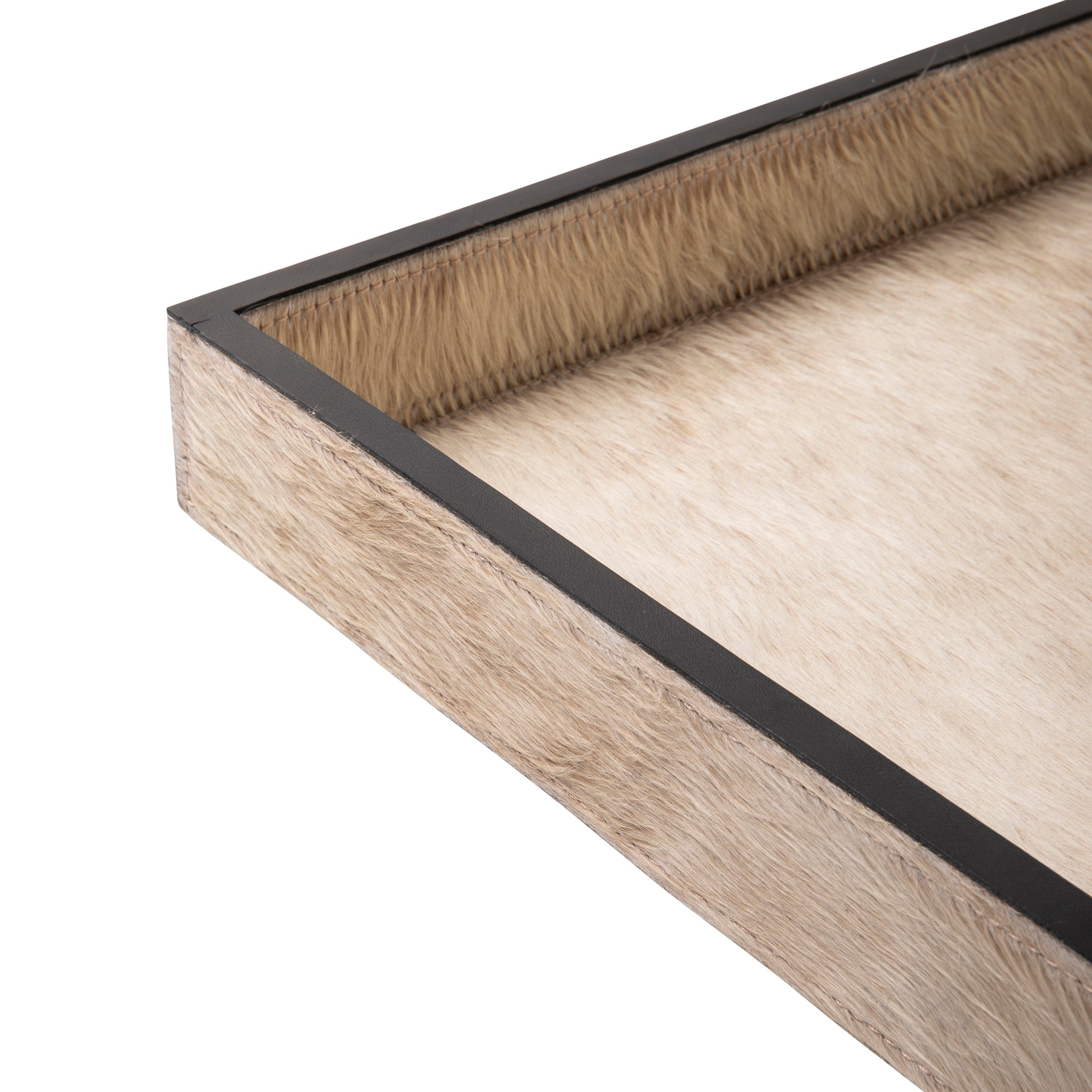 Cream Cow Hide Rectangle Tray with Black Leather Trim - Large