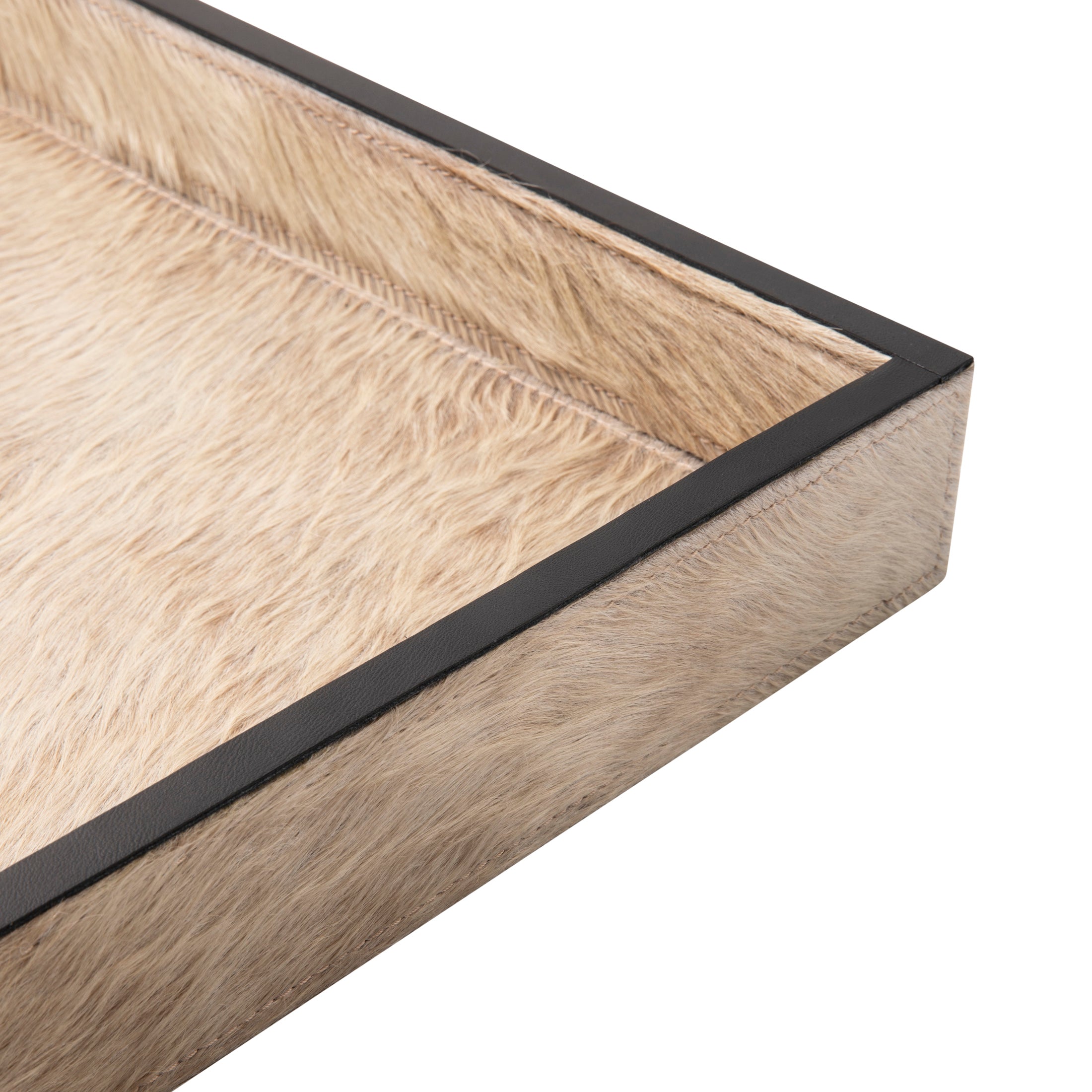 Cream Cow Hide Rectangle Tray with Black Leather Trim - Large