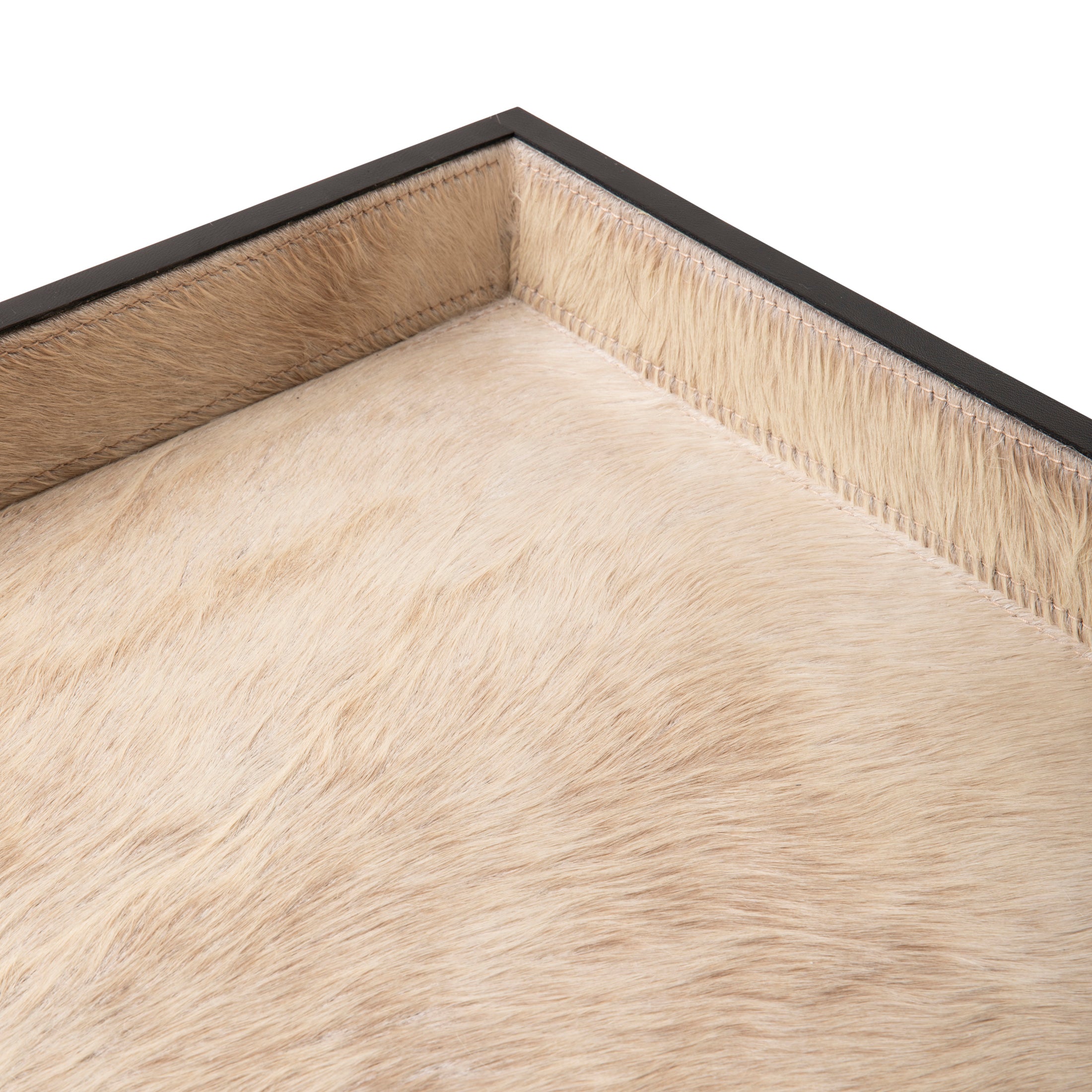 Cream Cow Hide Rectangle Tray with Black Leather Trim - Large