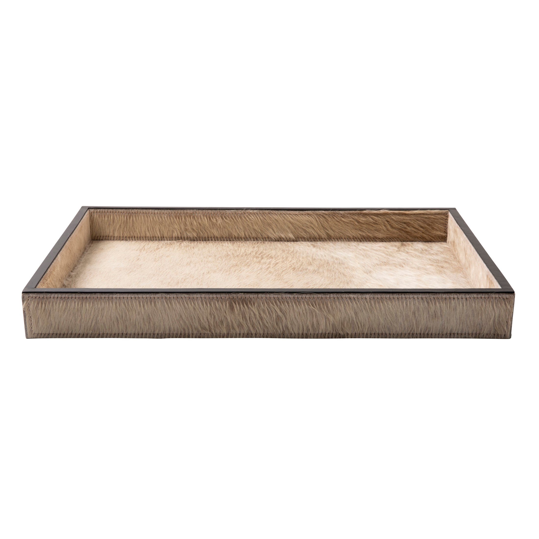 Cream Cow Hide Rectangle Tray with Black Leather Trim - Large