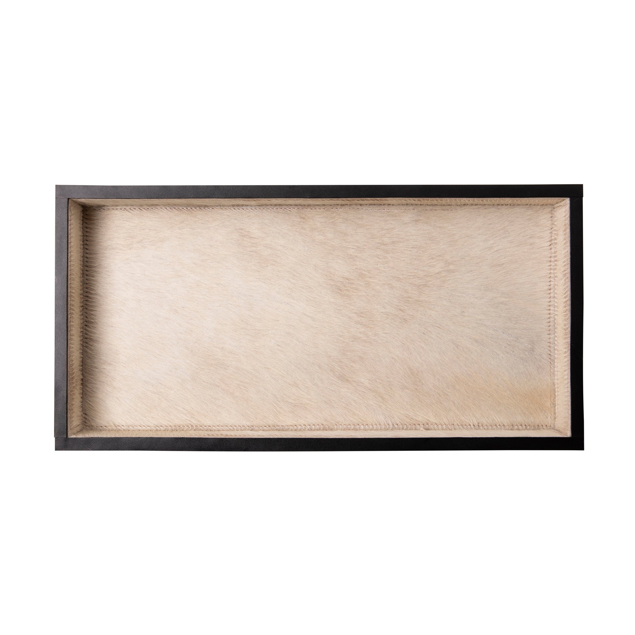 Cream Cow Hide Rectangle Tray with Black Leather Trim - Small