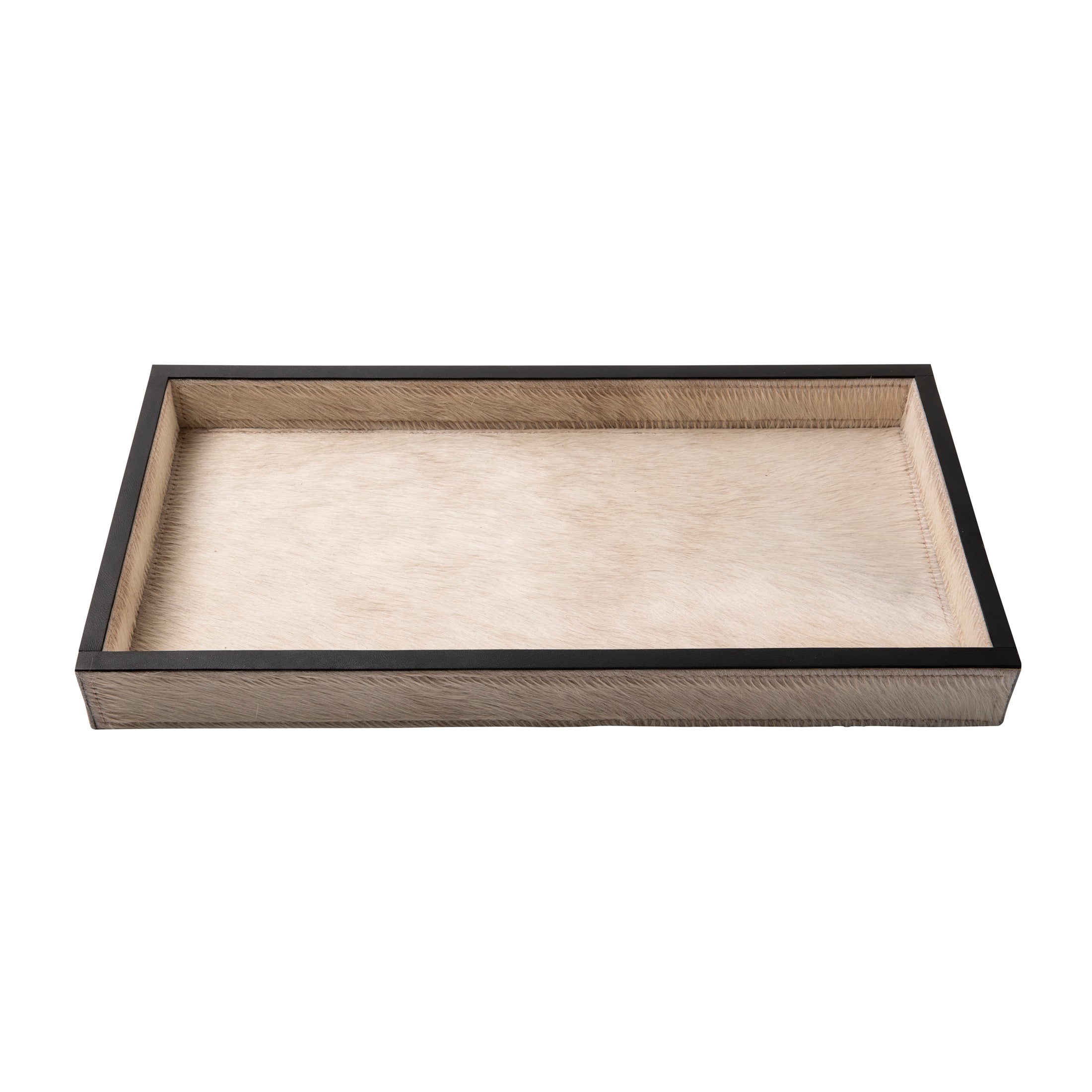 Cream Cow Hide Rectangle Tray with Black Leather Trim - Small