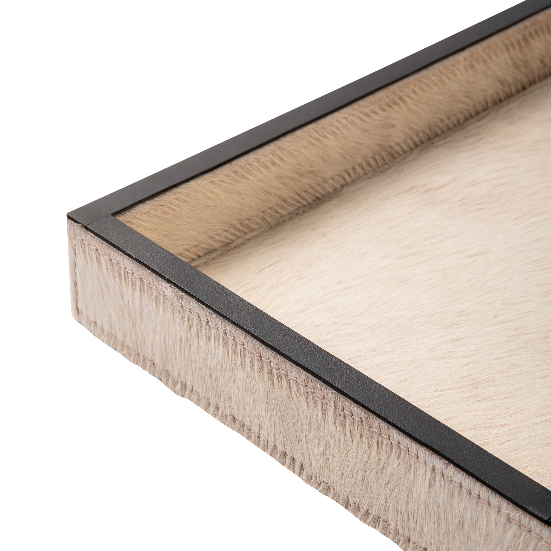 Cream Cow Hide Rectangle Tray with Black Leather Trim - Small