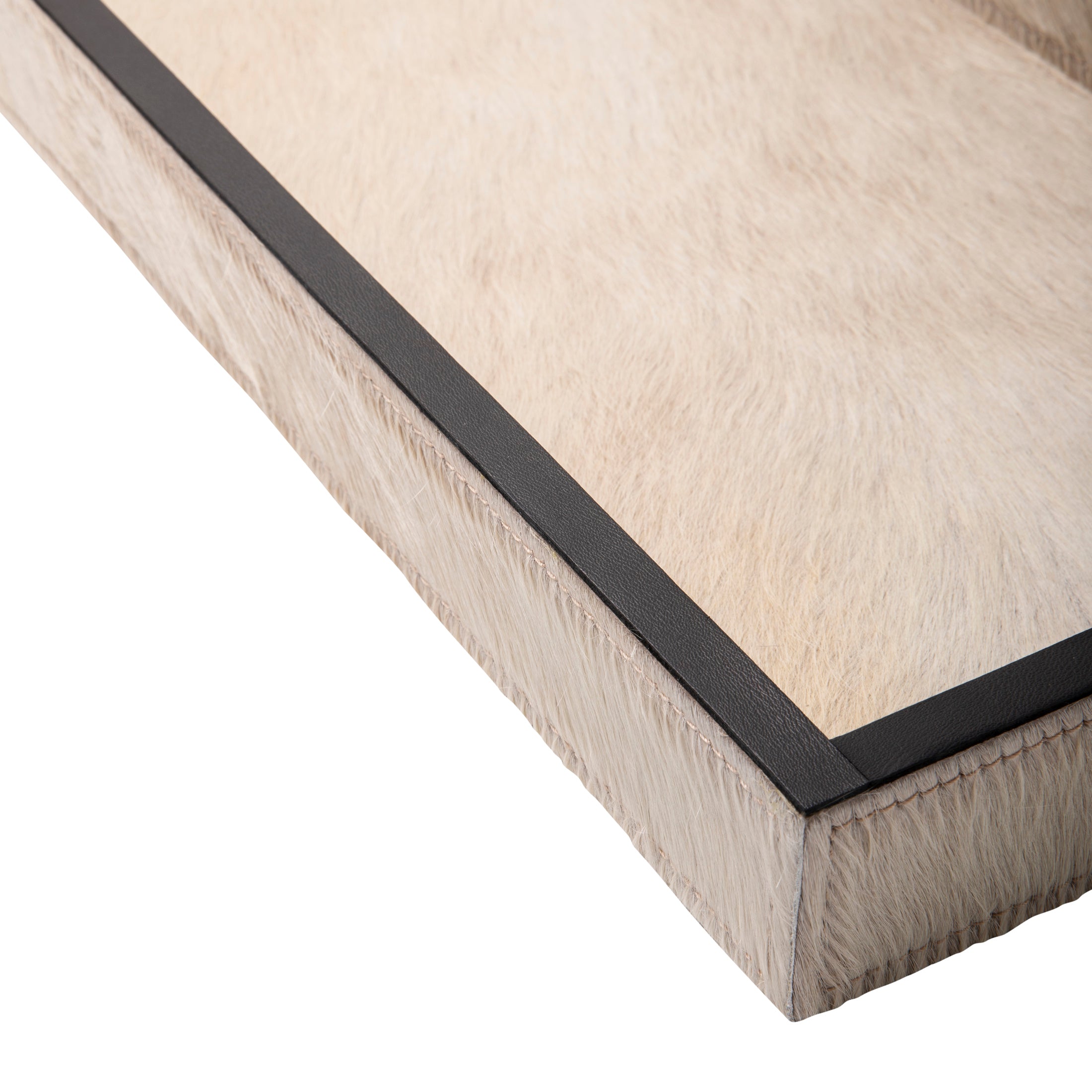 Cream Cow Hide Rectangle Tray with Black Leather Trim - Small