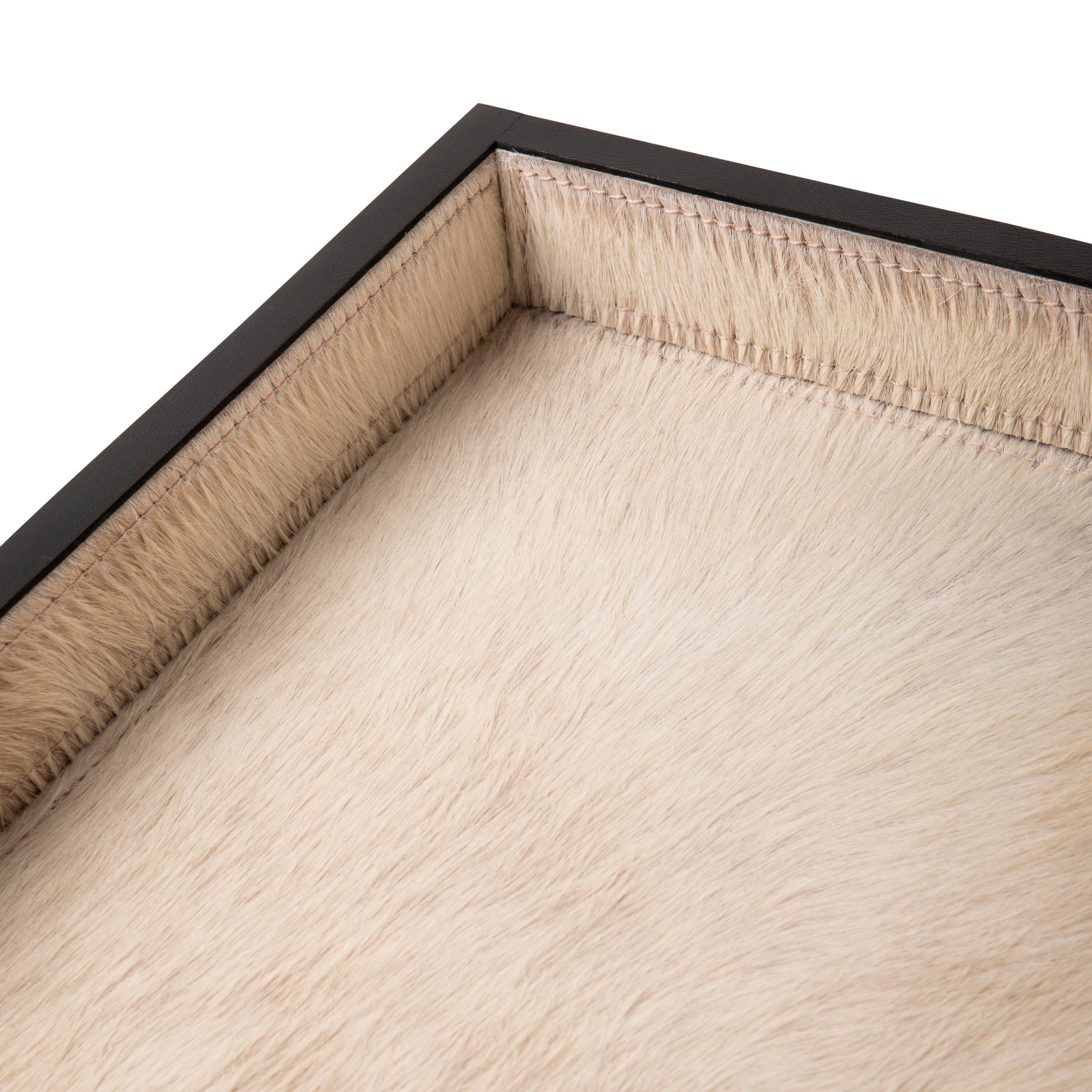 Cream Cow Hide Rectangle Tray with Black Leather Trim - Small