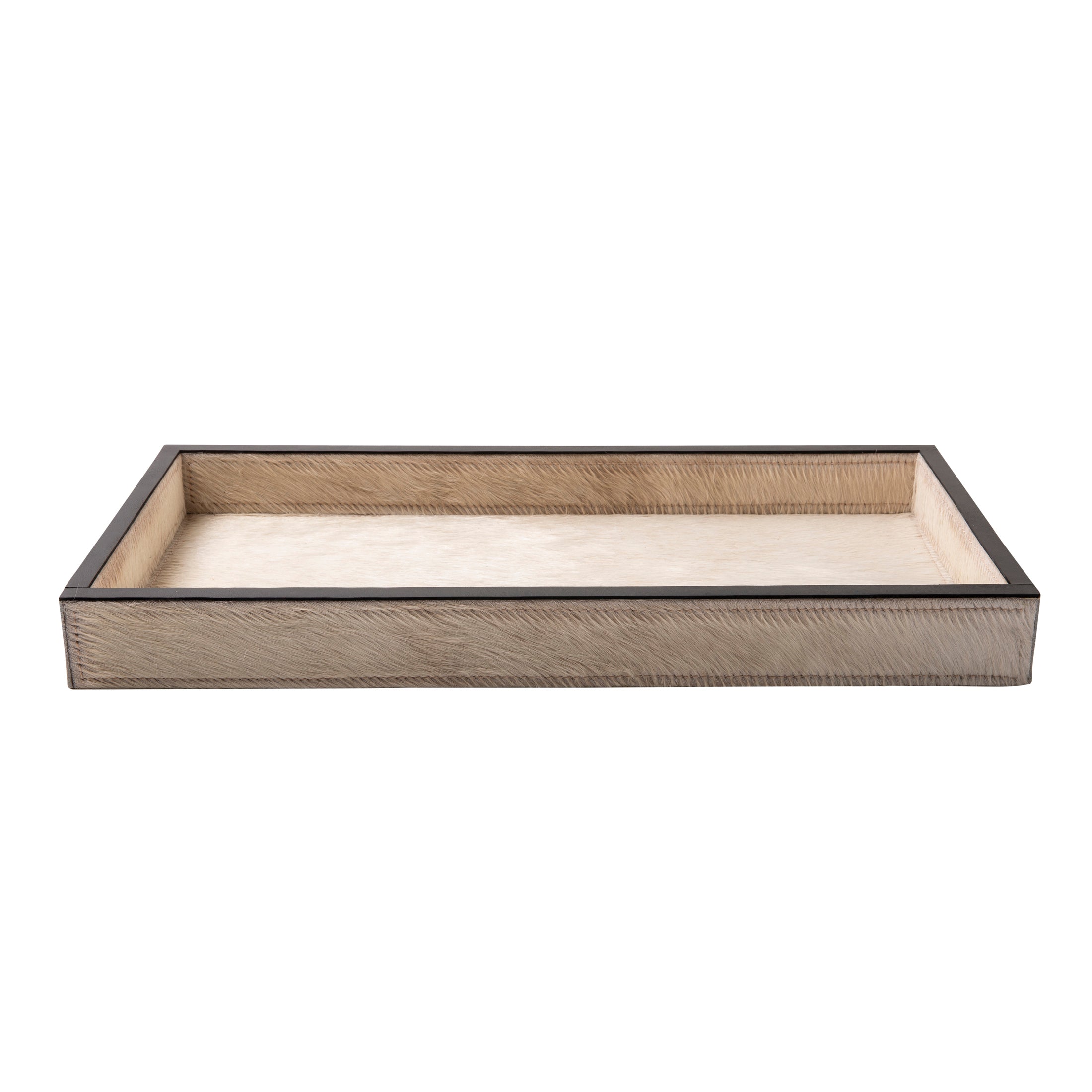 Cream Cow Hide Rectangle Tray with Black Leather Trim - Small