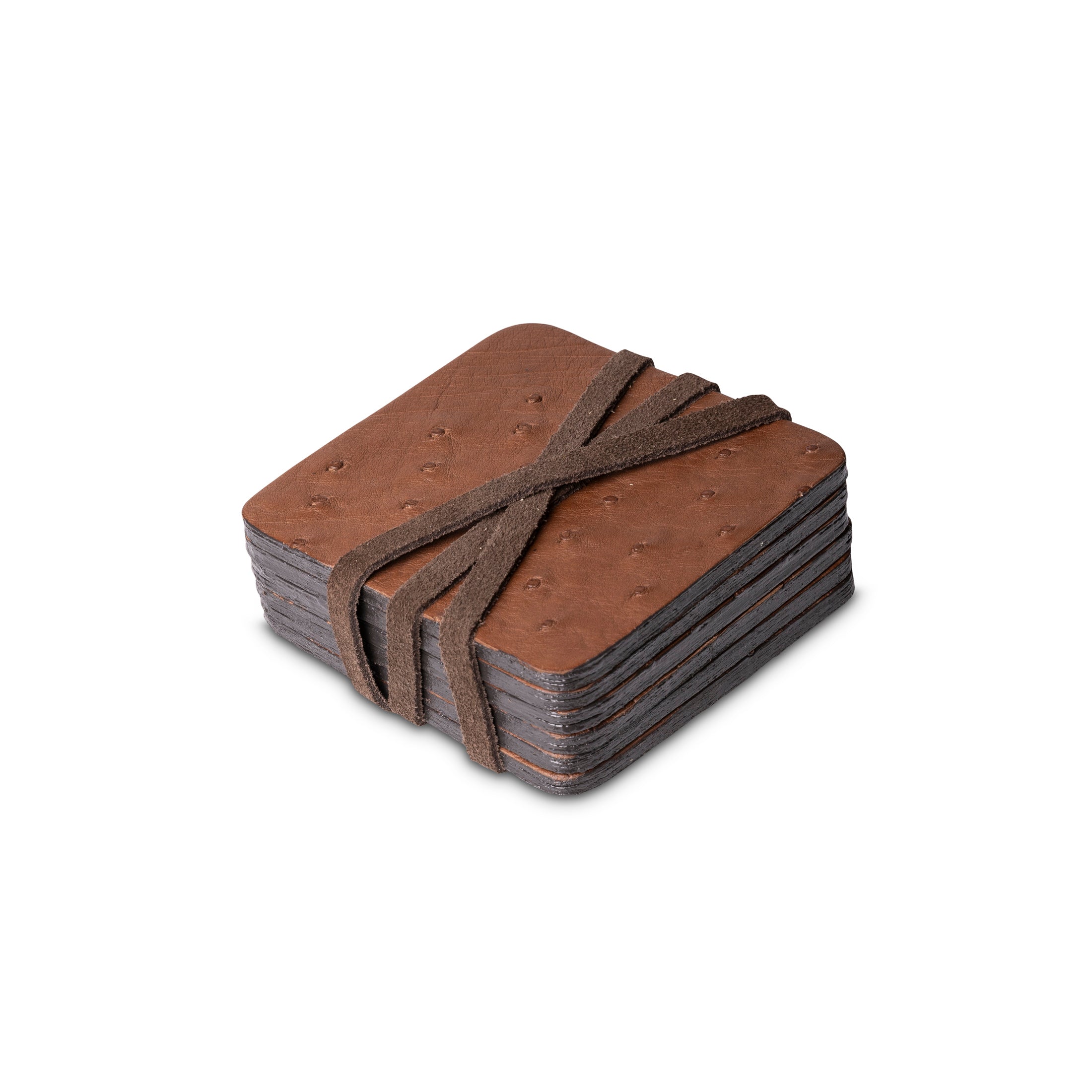 Ostrich Leather Coasters w/ Tie (S/6) - Brown