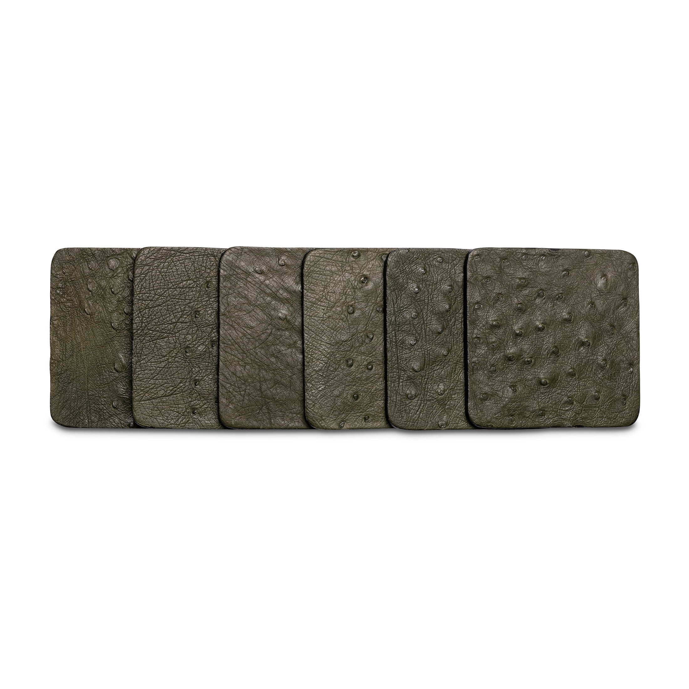 Ostrich Leather Coasters w/ Tie (S/6) - Forest Green