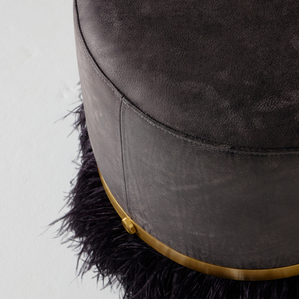 Ostrich Fluff Pouf Ottoman - Charcoal Leather / Black Feather