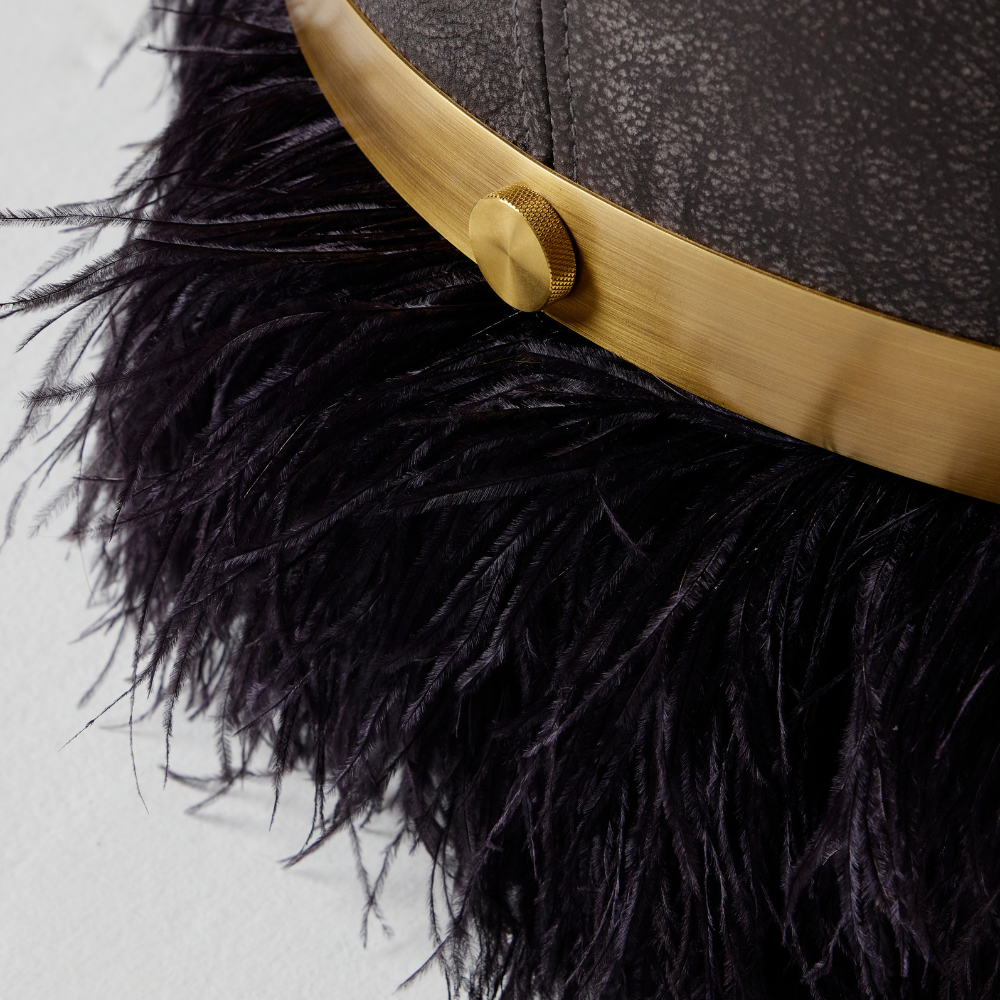 Ostrich Fluff Pouf Ottoman - Charcoal Leather / Black Feather
