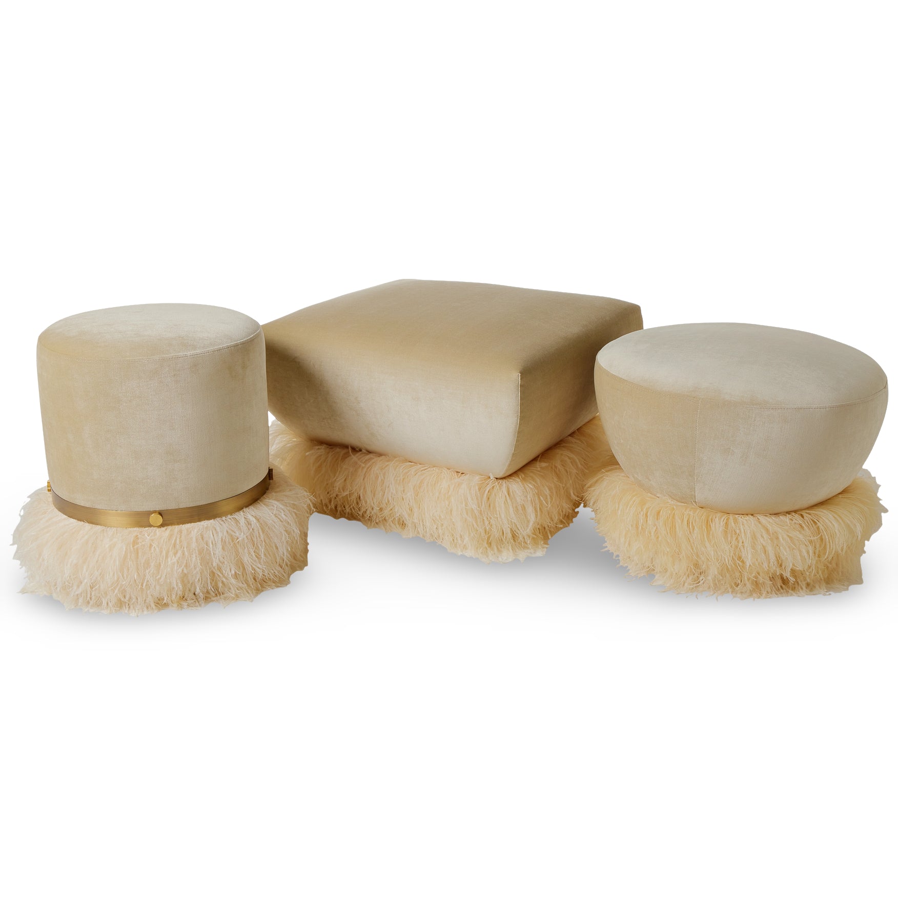 Ostrich Fluff Pouf Ottoman - Porcelain Velvet / Cream Feather