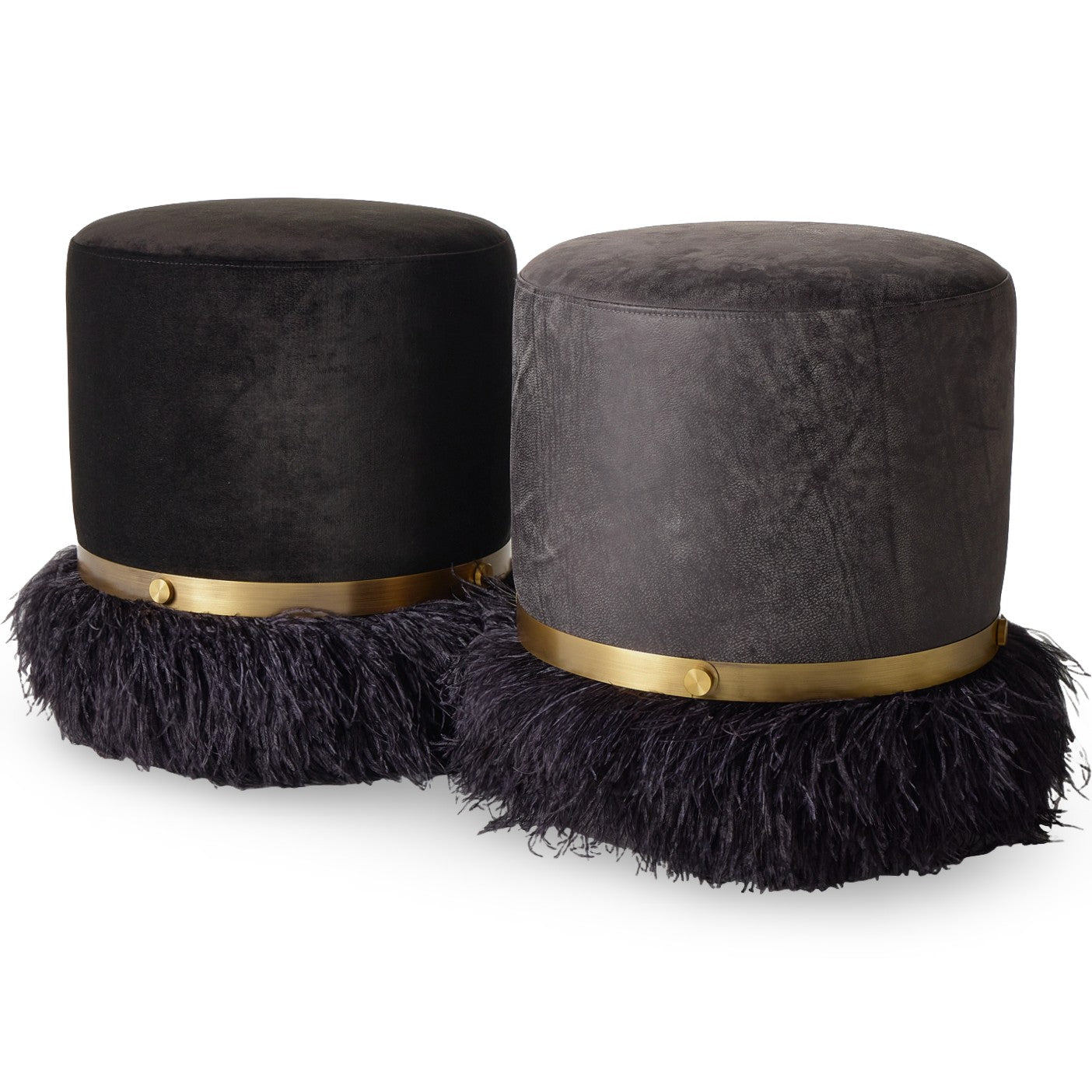 Ostrich Fluff Pouf Ottoman - Black Velvet / Black Feather