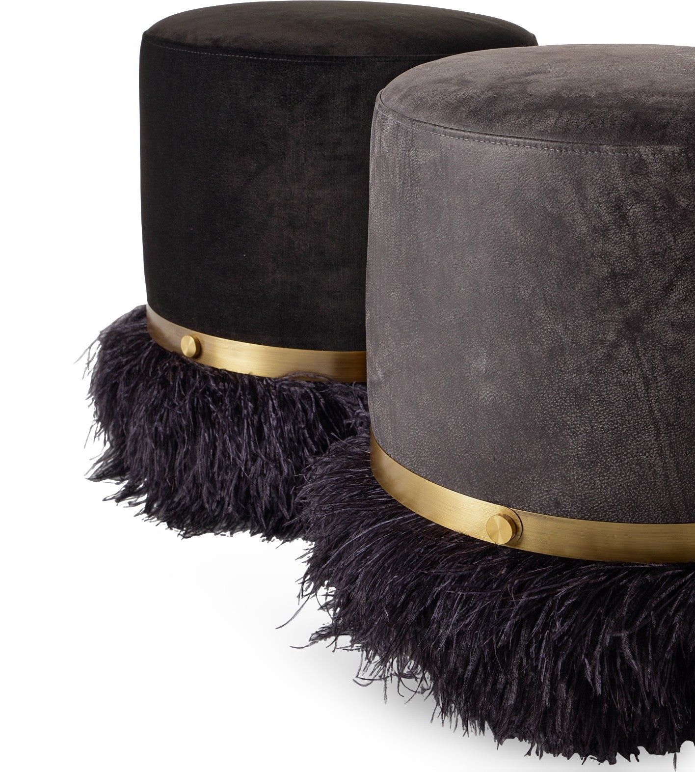 Ostrich Fluff Pouf Ottoman - Black Velvet / Black Feather