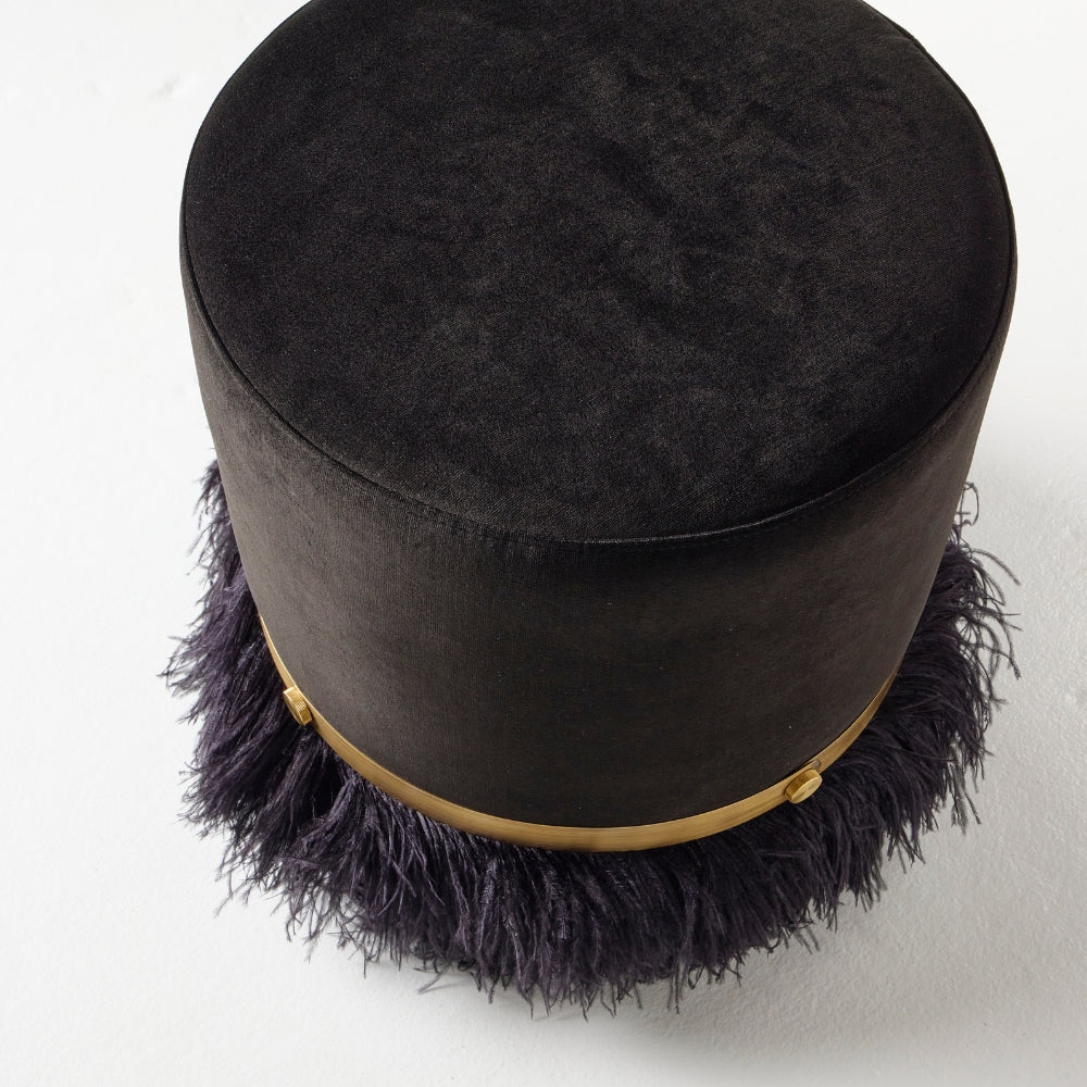 Ostrich Fluff Pouf Ottoman - Black Velvet / Black Feather
