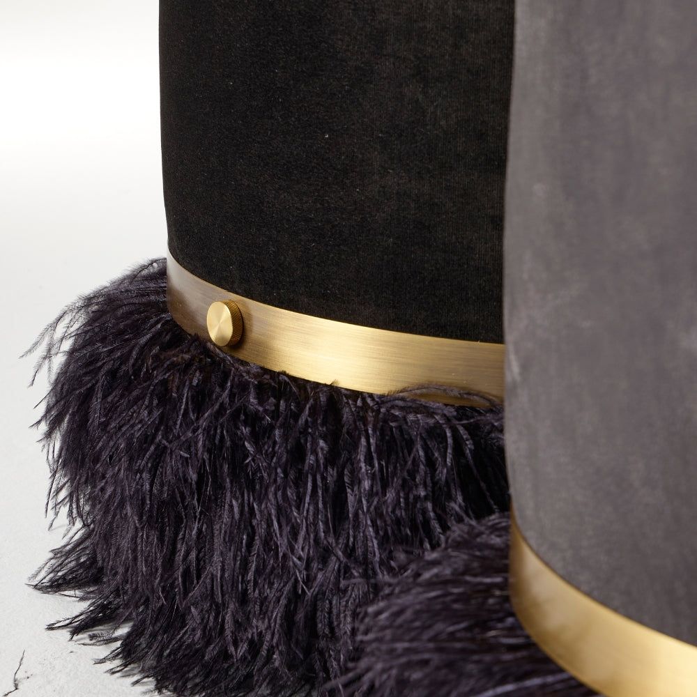 Ostrich Fluff Pouf Ottoman - Black Velvet / Black Feather