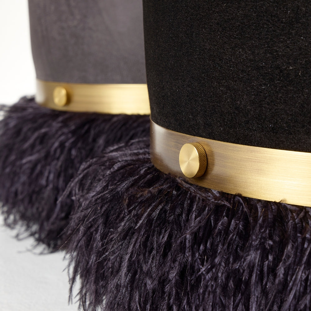 Ostrich Fluff Pouf Ottoman - Black Velvet / Black Feather