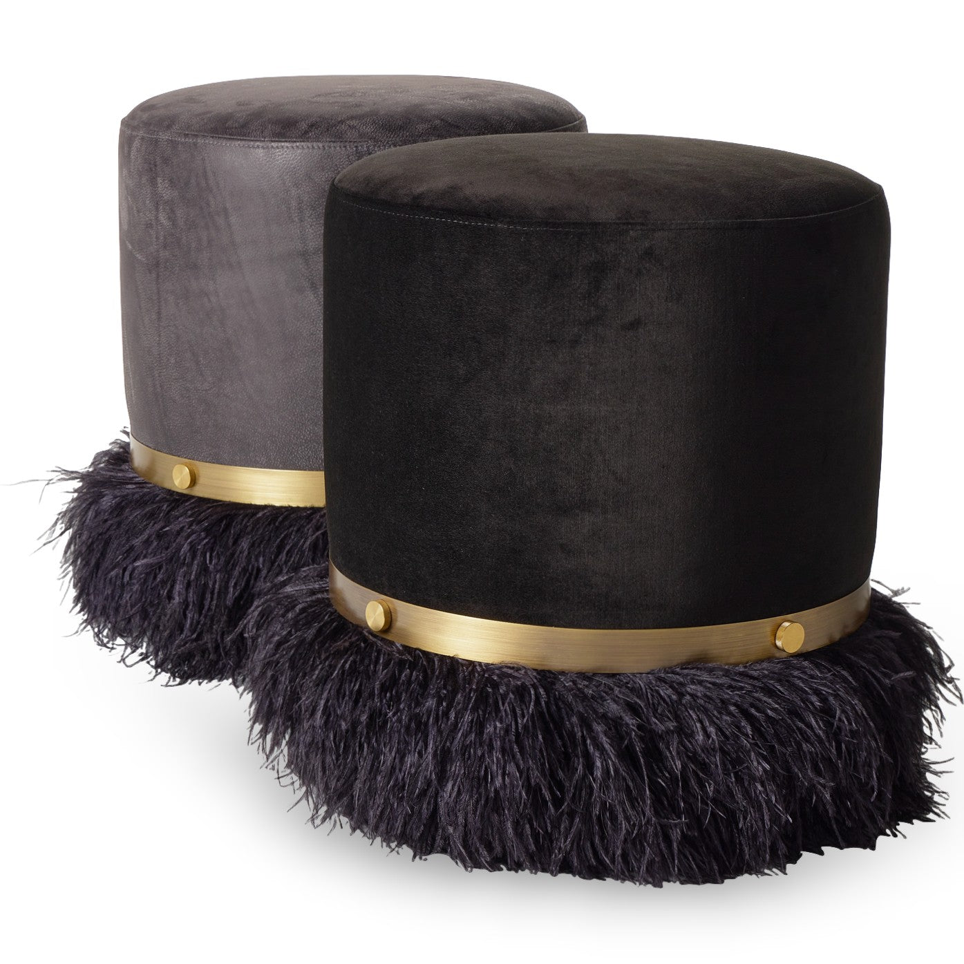 Ostrich Fluff Pouf Ottoman - Black Velvet / Black Feather