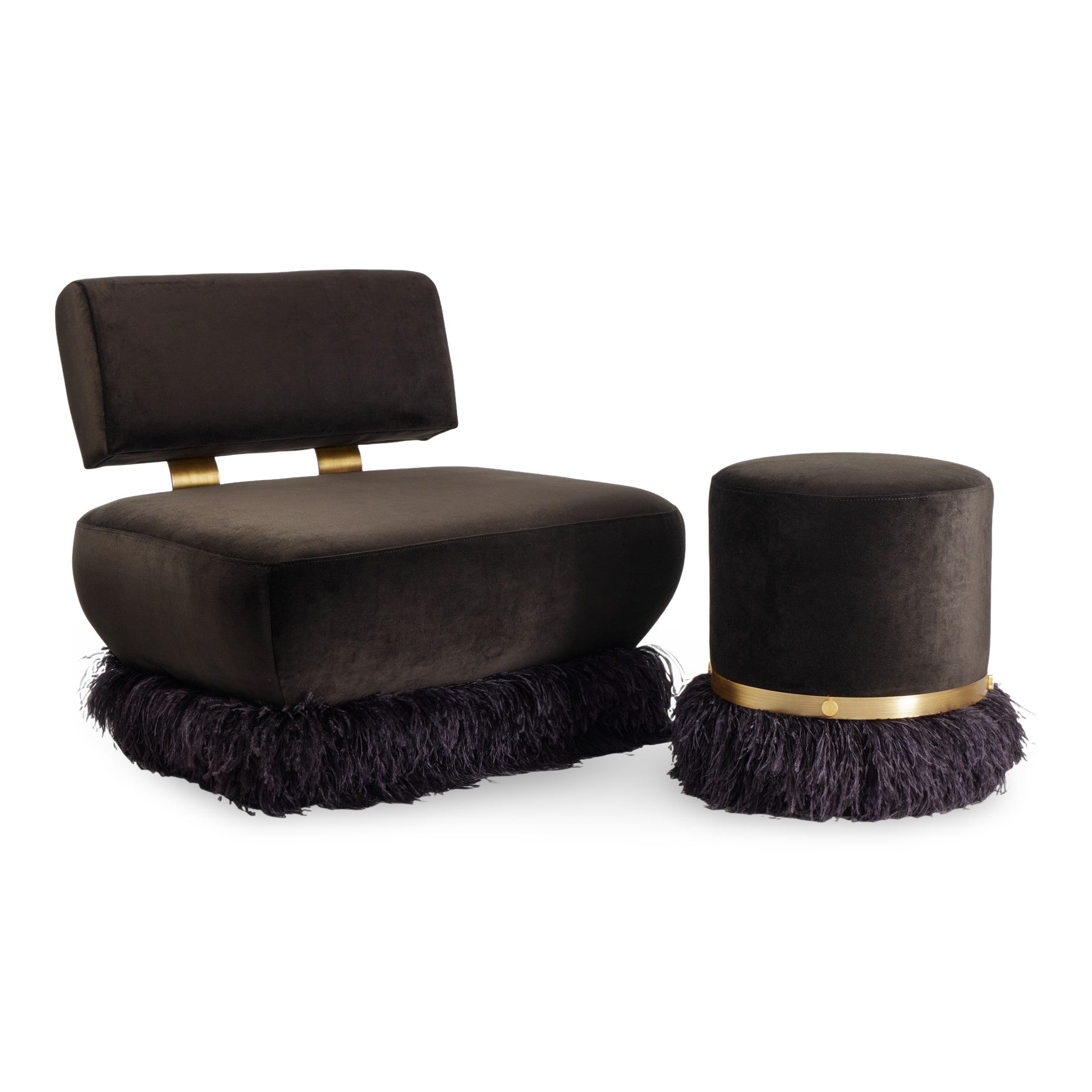 Ostrich Fluff Pouf Ottoman - Black Velvet / Black Feather