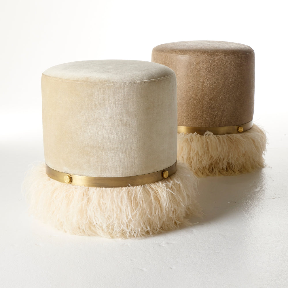 Ostrich Fluff Pouf Ottoman - Porcelain Velvet / Cream Feather