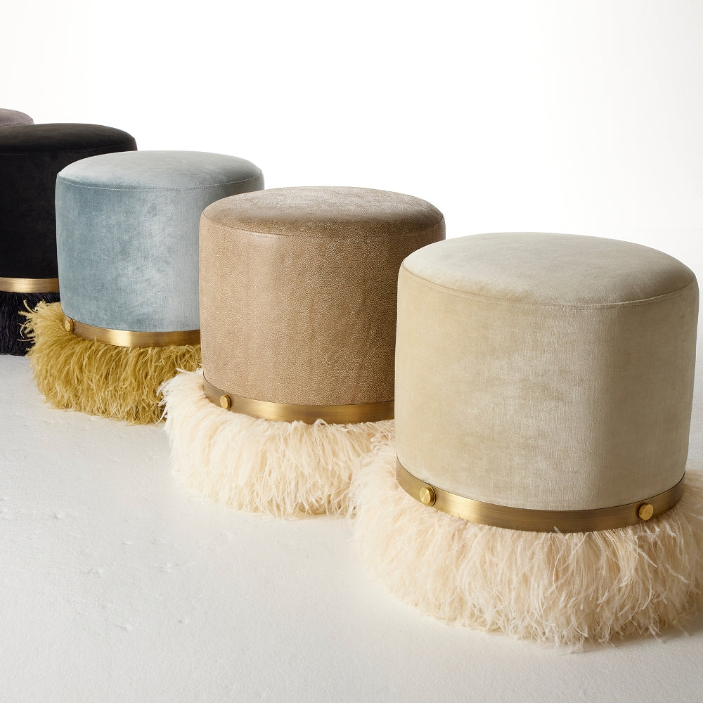 Ostrich Fluff Pouf Ottoman - Porcelain Velvet / Cream Feather