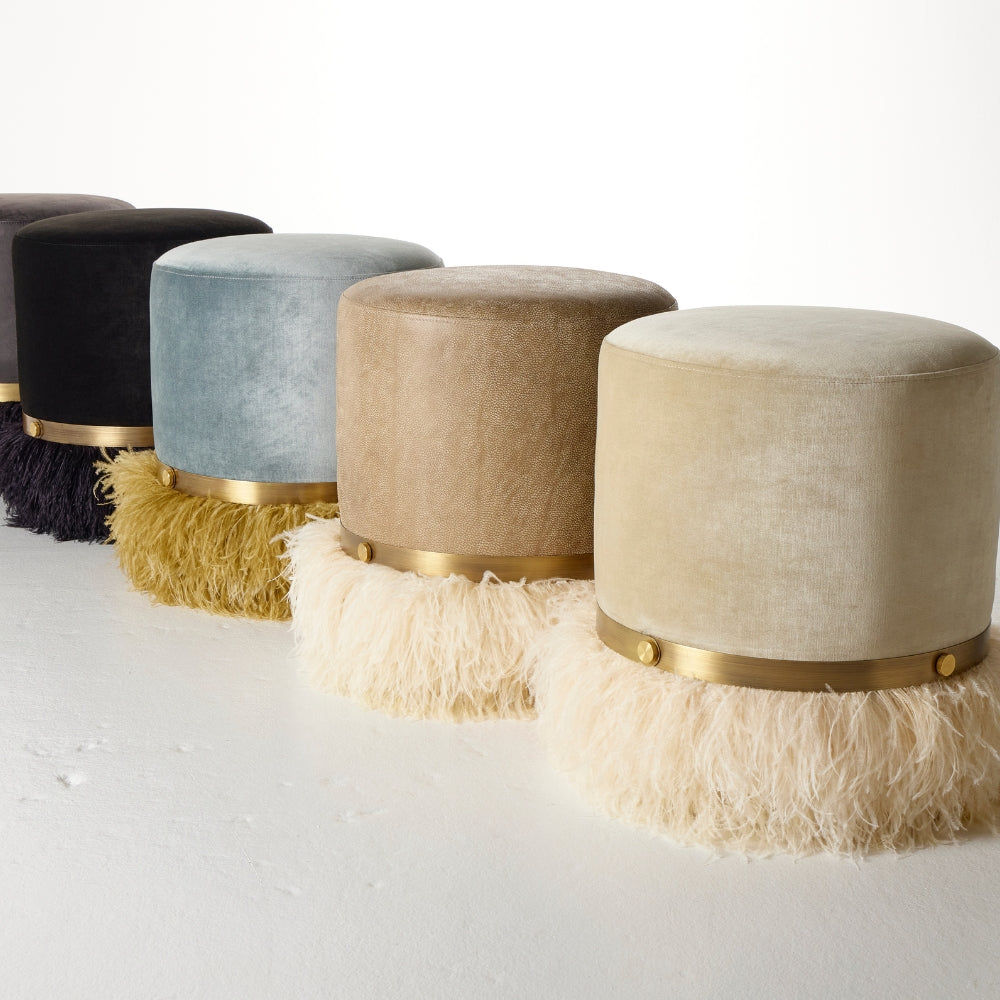 Ostrich Fluff Pouf Ottoman - Porcelain Velvet / Cream Feather