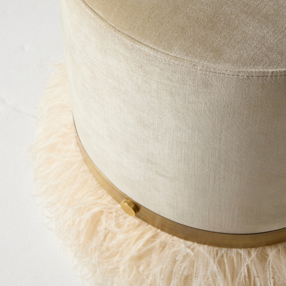 Ostrich Fluff Pouf Ottoman - Porcelain Velvet / Cream Feather