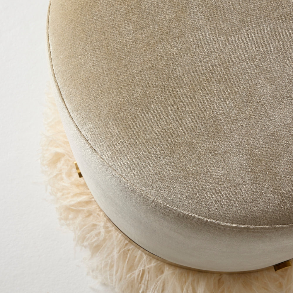 Ostrich Fluff Pouf Ottoman - Porcelain Velvet / Cream Feather