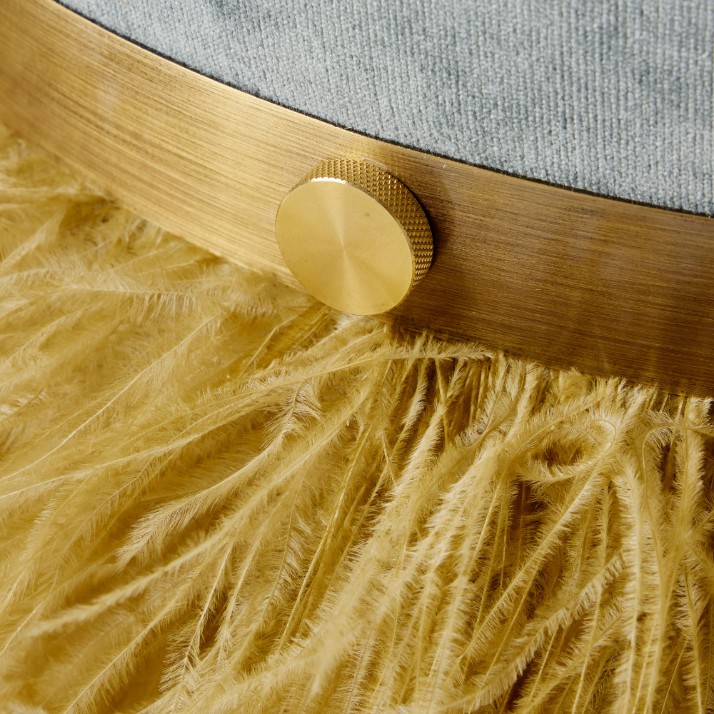 Ostrich Fluff Pouf Ottoman - Silver Velvet / Gold Feather
