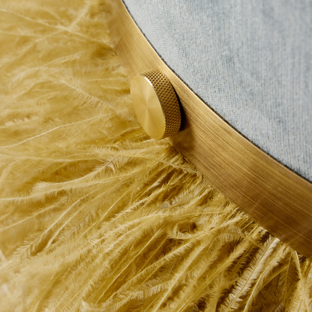 Ostrich Fluff Pouf Ottoman - Silver Velvet / Gold Feather