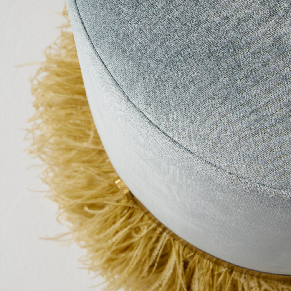 Ostrich Fluff Pouf Ottoman - Silver Velvet / Gold Feather