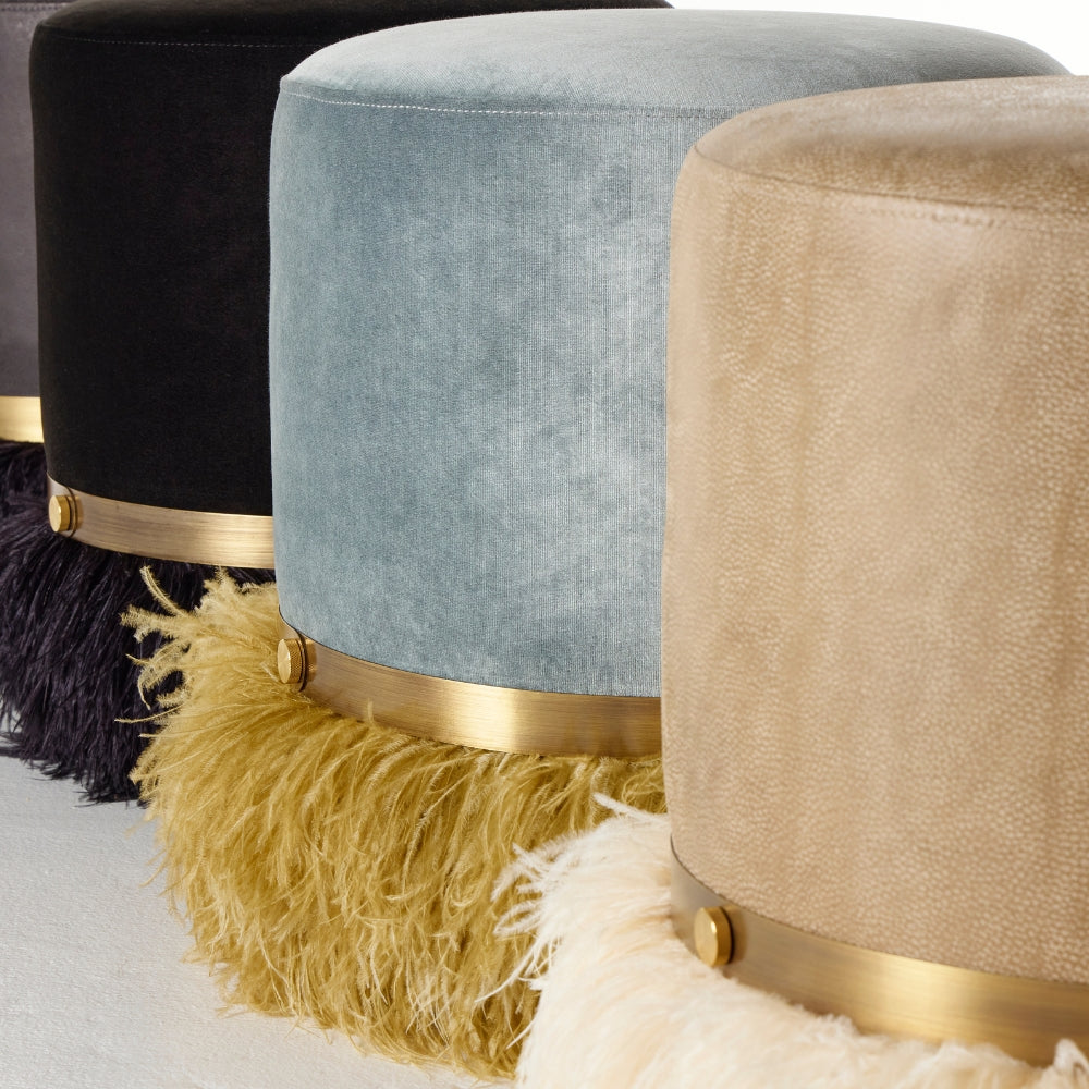 Ostrich Fluff Pouf Ottoman - Silver Velvet / Gold Feather