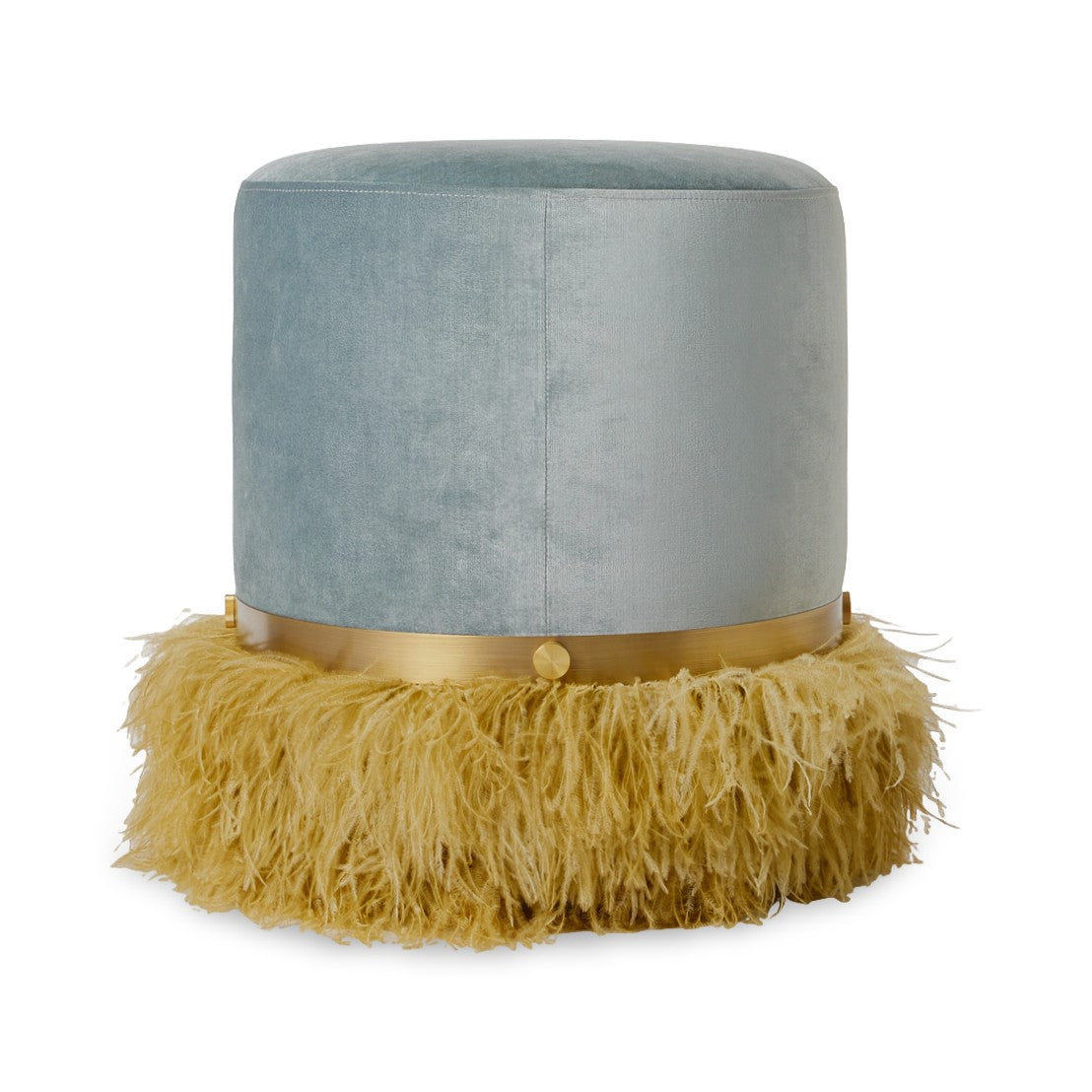Ostrich Fluff Pouf Ottoman - Silver Velvet / Gold Feather